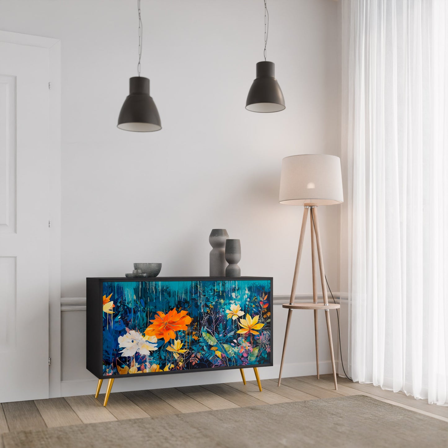 Credenza a 2 ante MIDNIGHT BLOSSOM in finitura nera