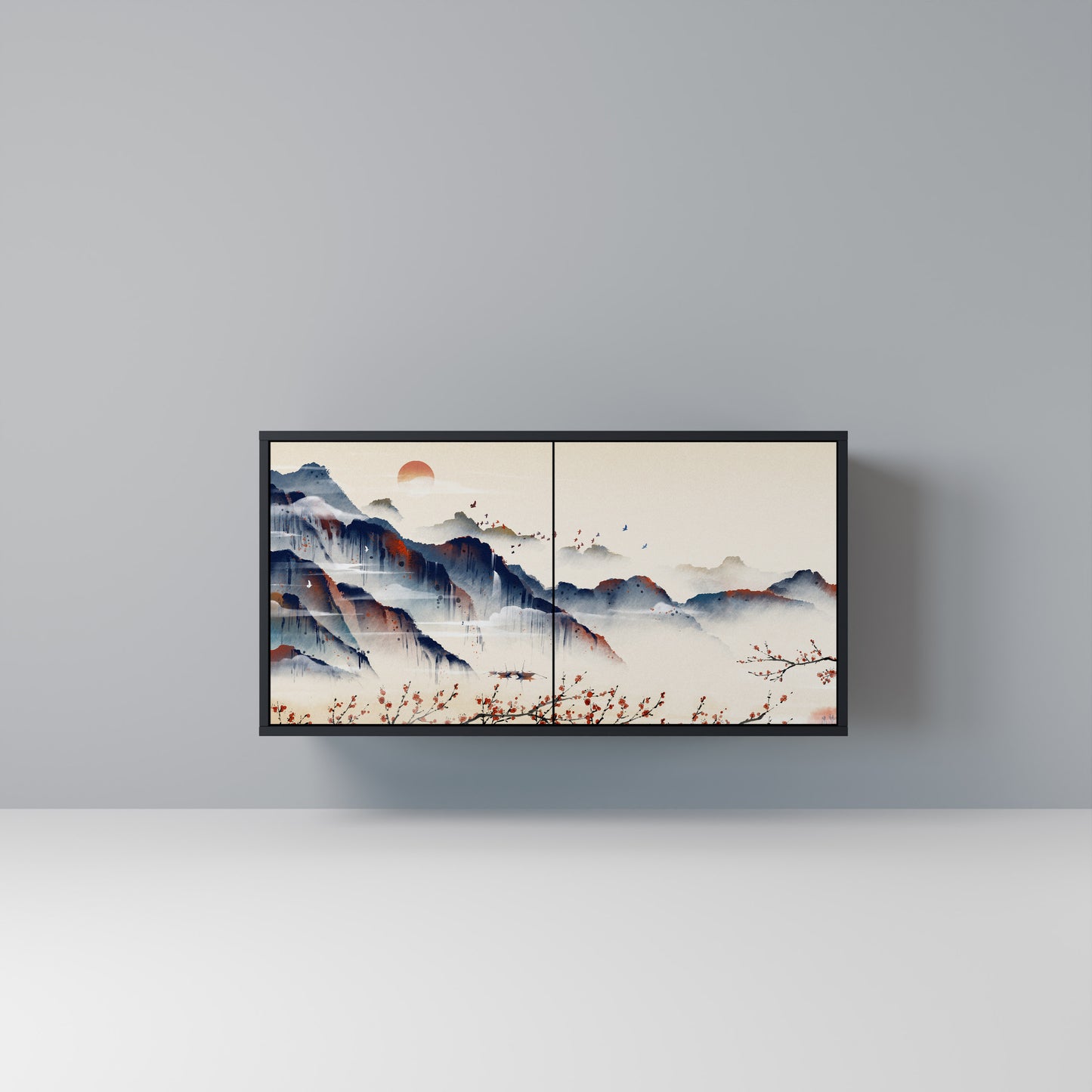 JAPANESE LANDSCAPE Madia a 2 Ante in Finitura Nera