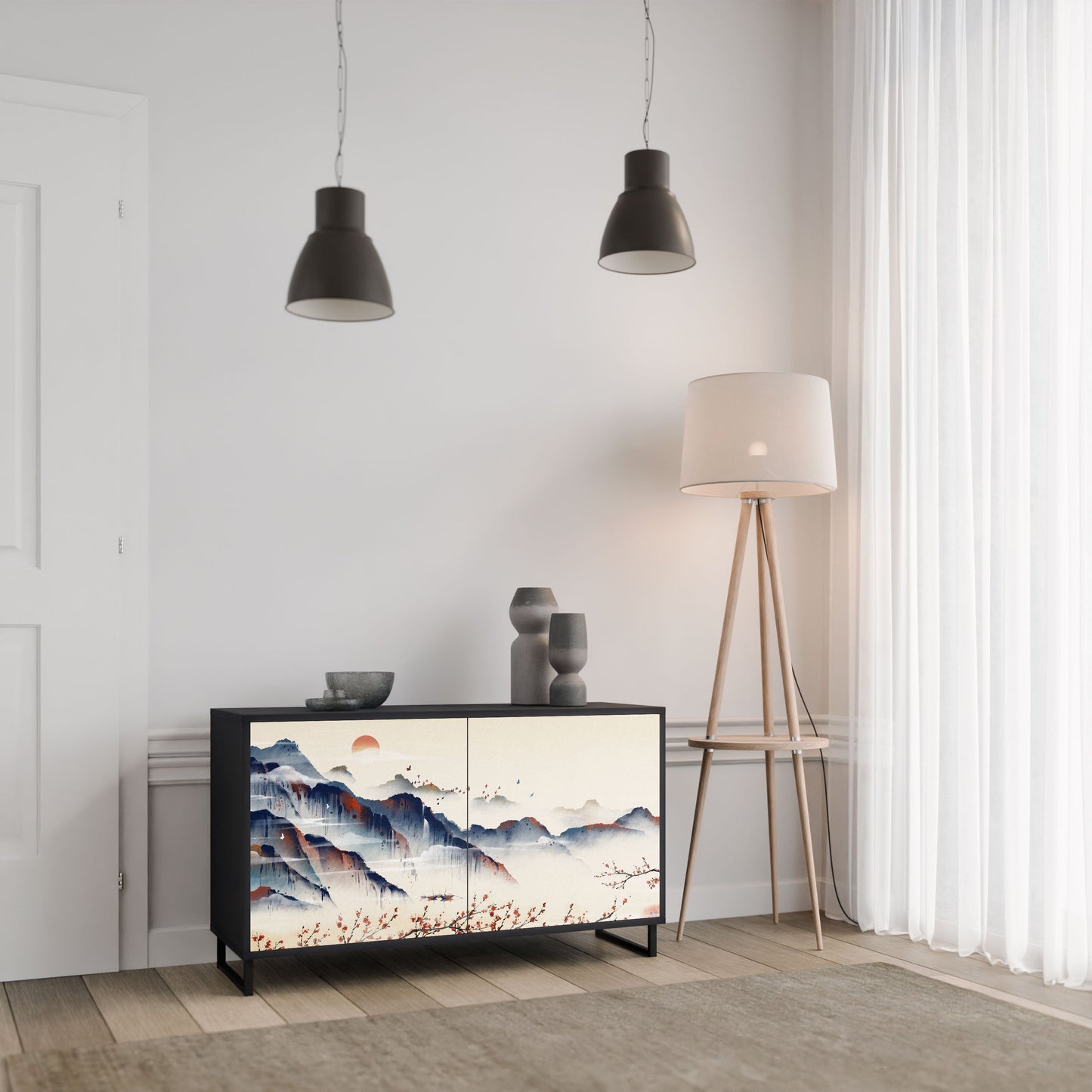 Credenza a 2 ante JAPANESE LANDSCAPE in finitura nera