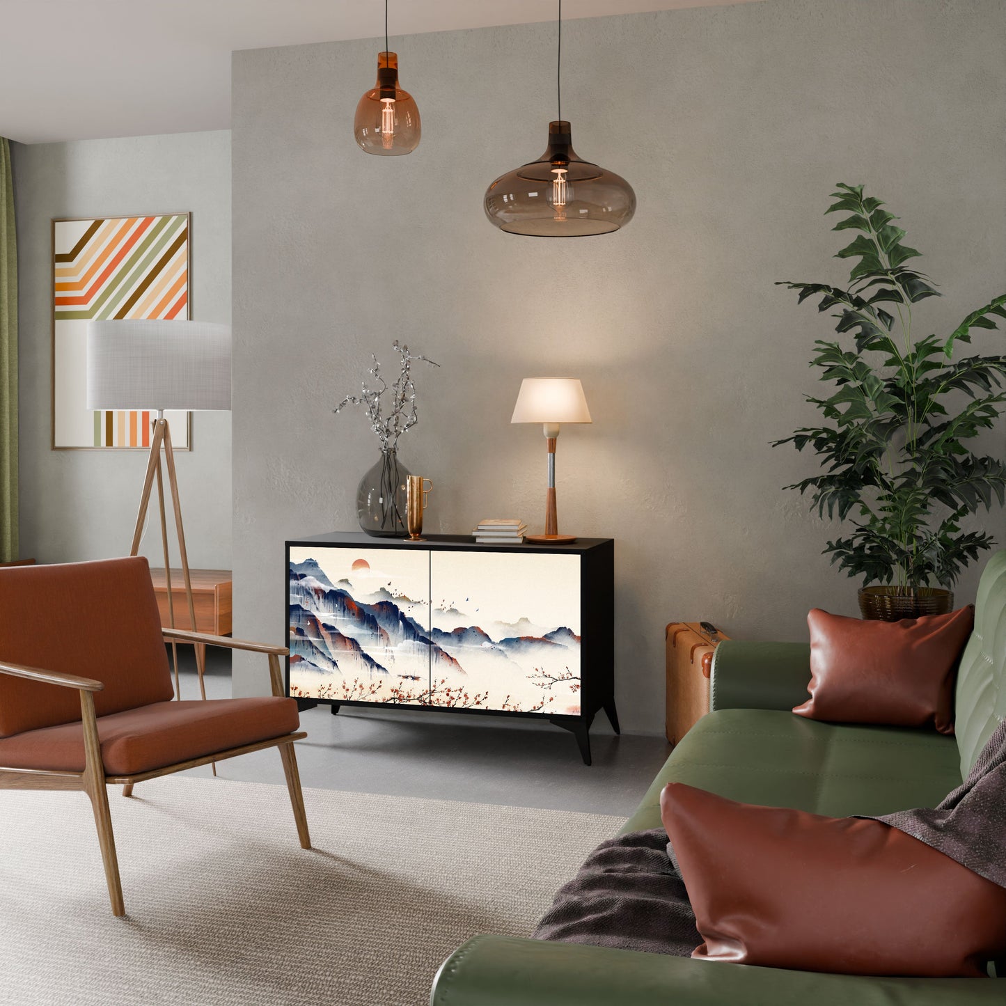 Credenza a 2 ante JAPANESE LANDSCAPE in finitura nera