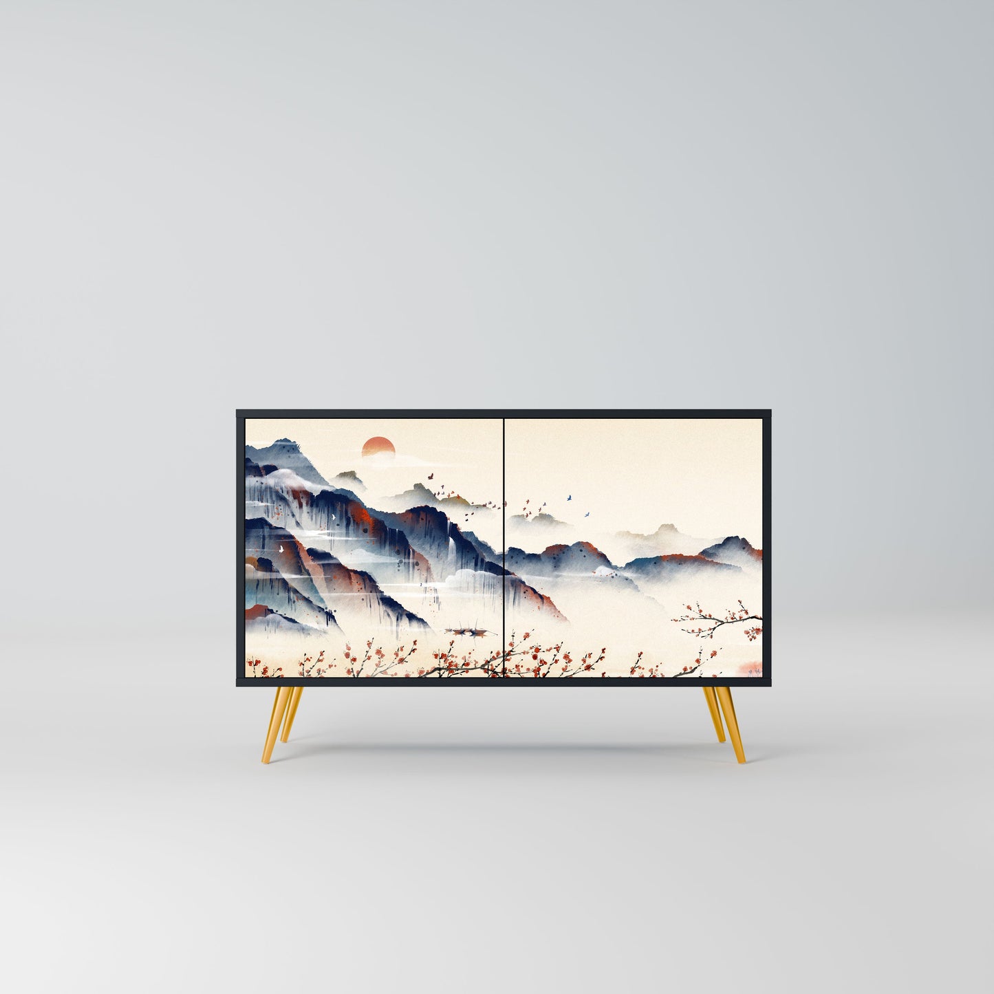 Credenza a 2 ante JAPANESE LANDSCAPE in finitura nera