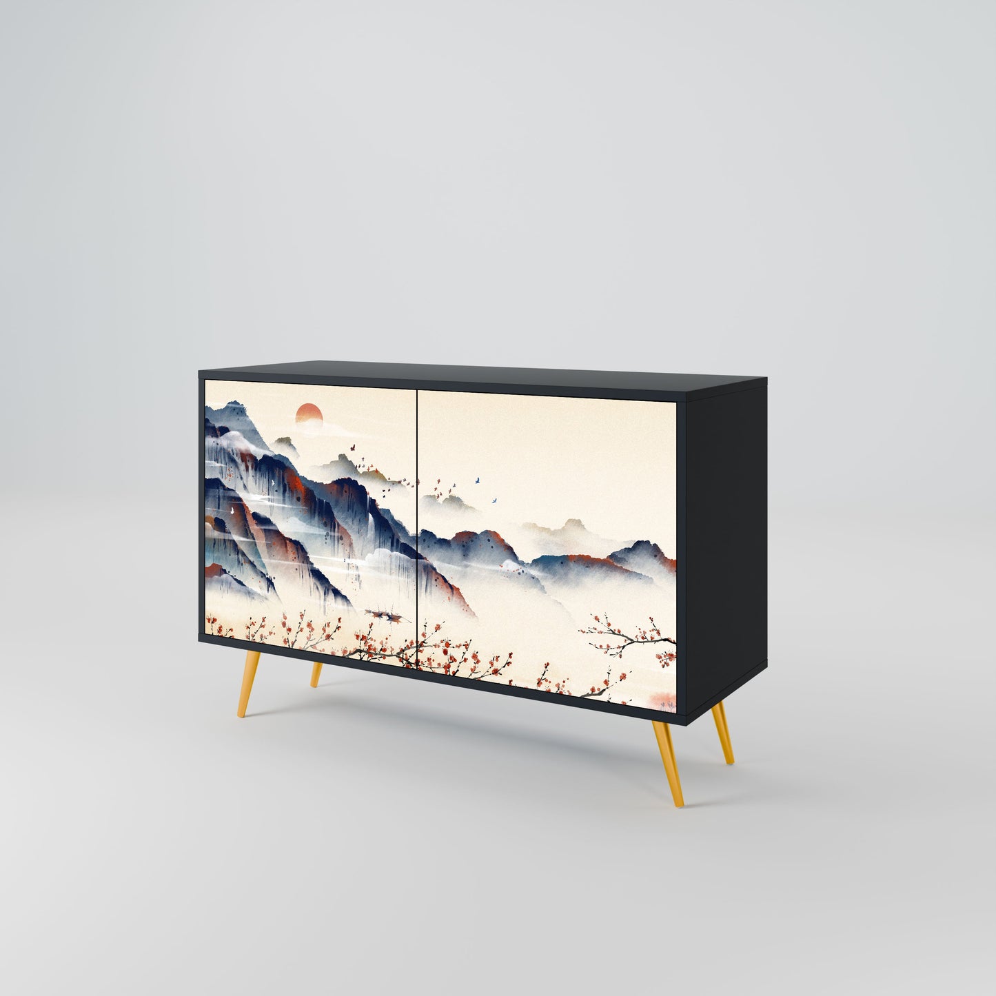 Credenza a 2 ante JAPANESE LANDSCAPE in finitura nera