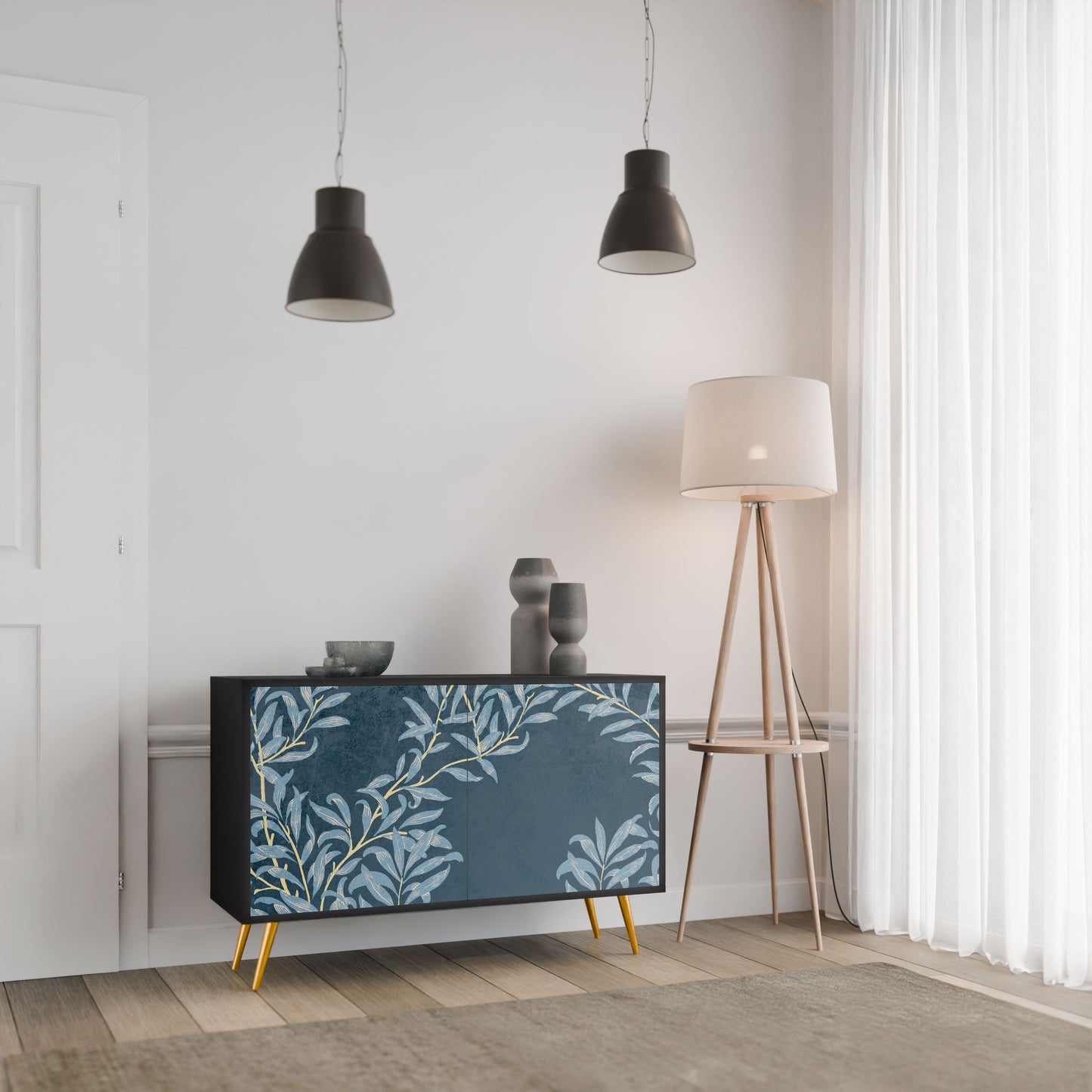 Credenza a 2 ante BLUE LEAVES in finitura nera