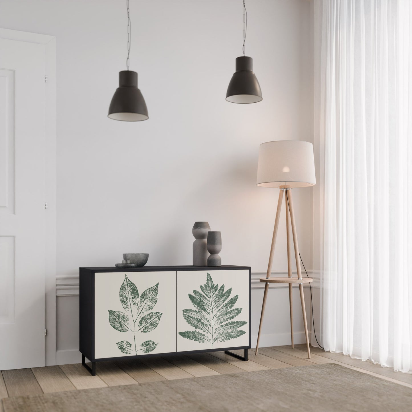 Credenza a 2 ante GREEN LEAFY STAMPS con finitura nera