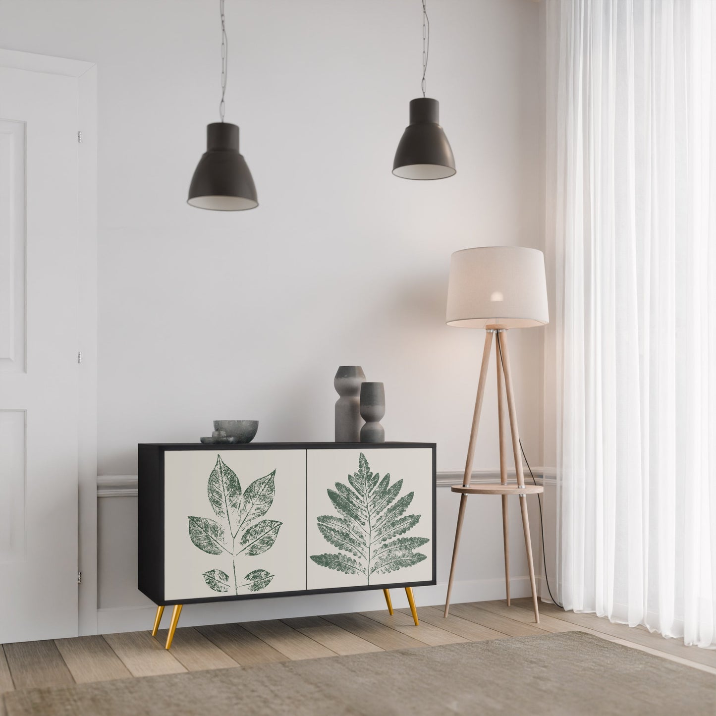 Credenza a 2 ante GREEN LEAFY STAMPS con finitura nera