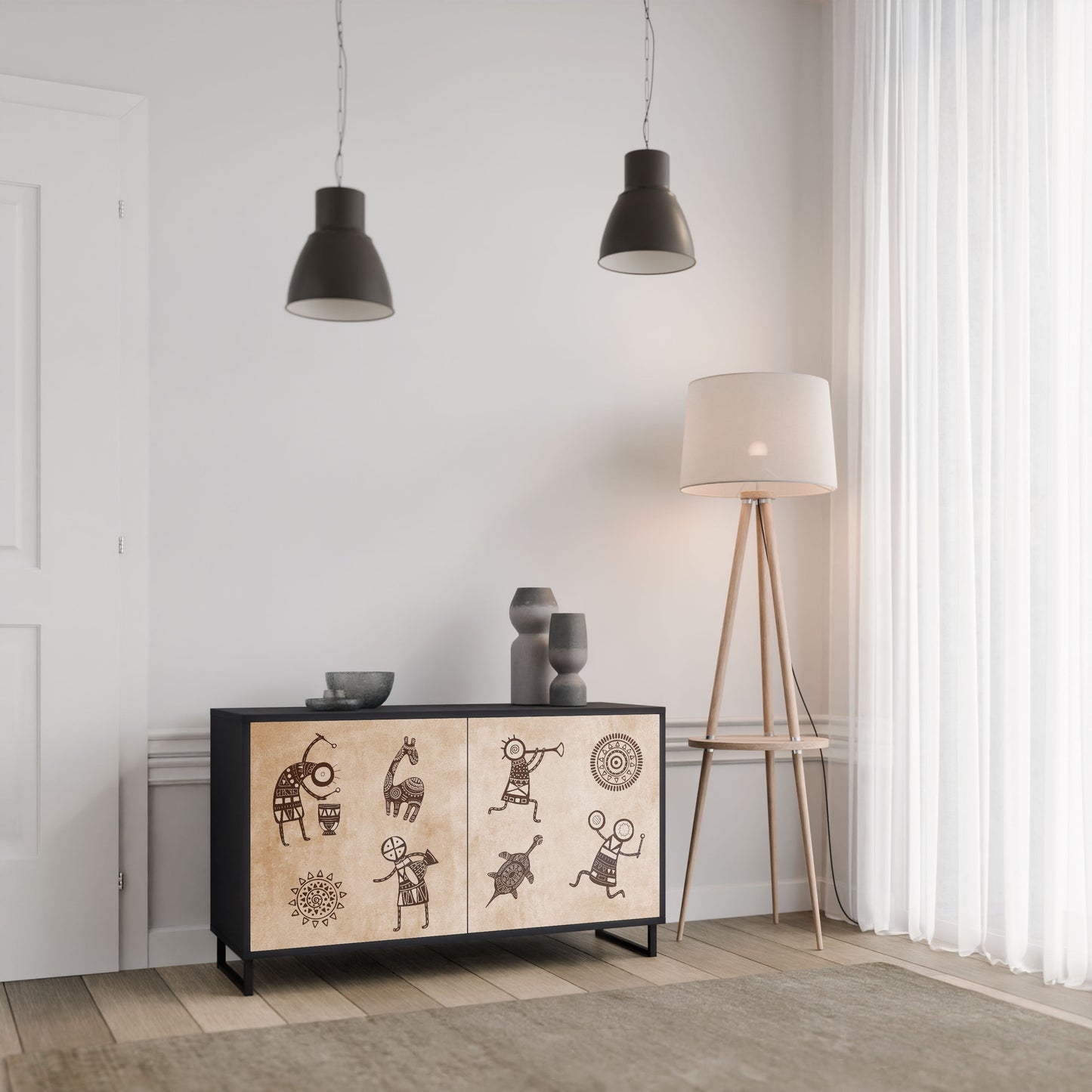 Credenza a 2 ante in stile africano con finitura nera
