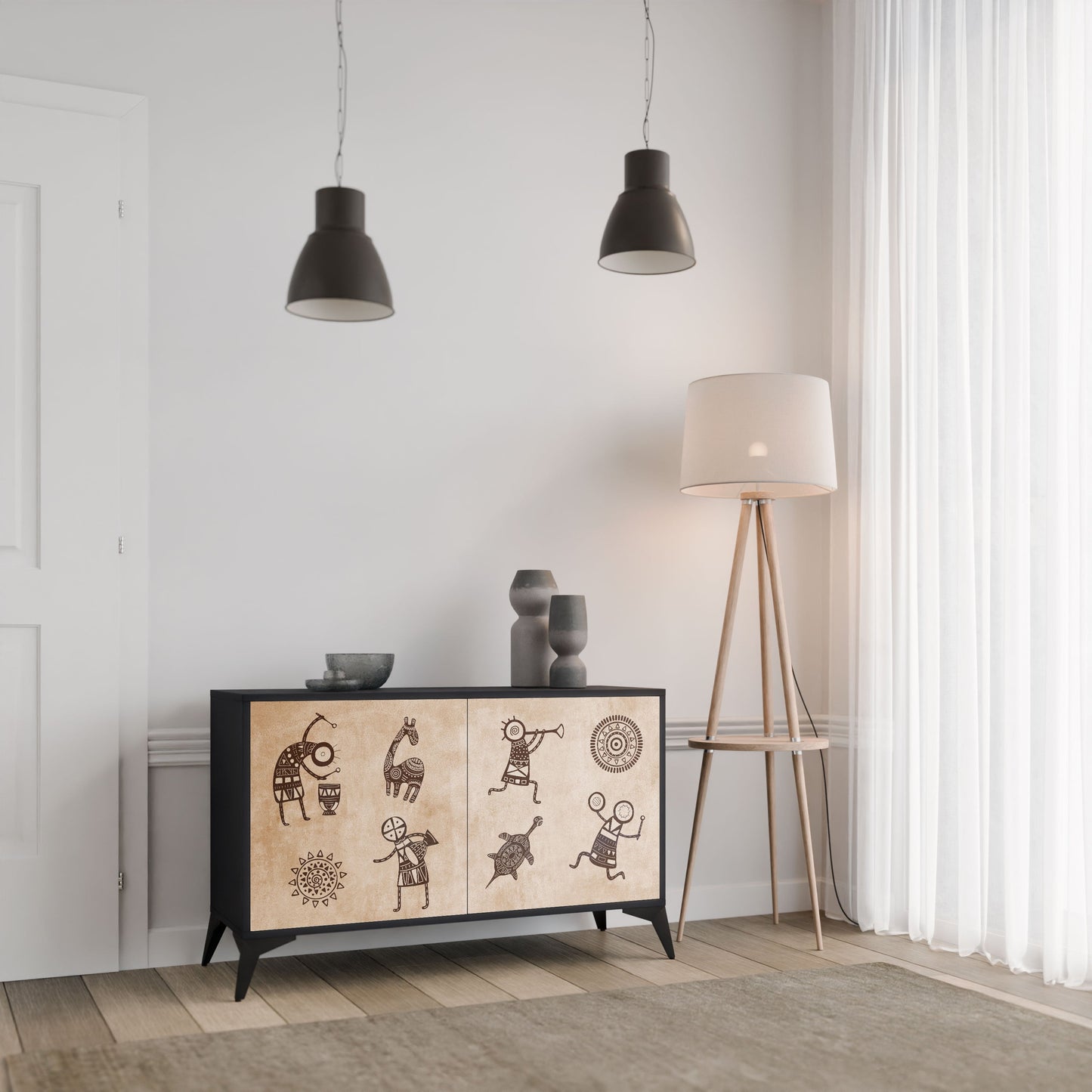 Credenza a 2 ante in stile africano con finitura nera