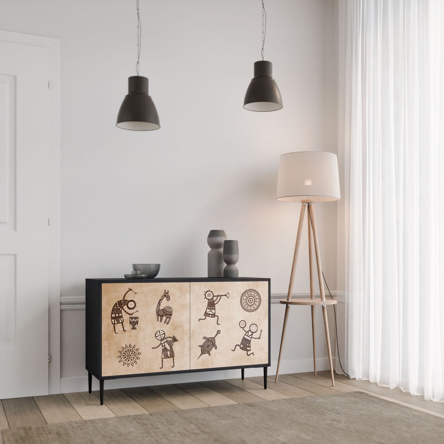 Credenza a 2 ante in stile africano con finitura nera