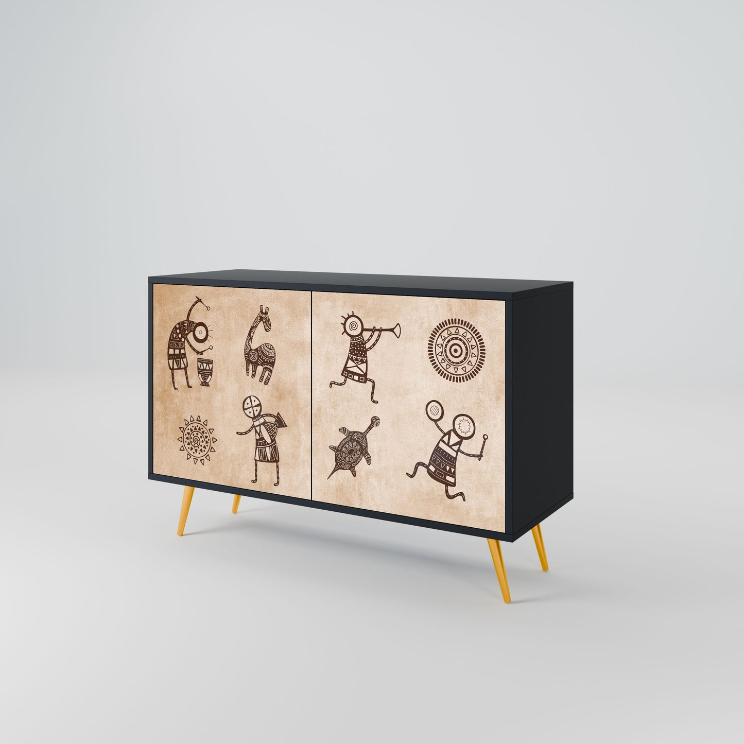Credenza a 2 ante in stile africano con finitura nera