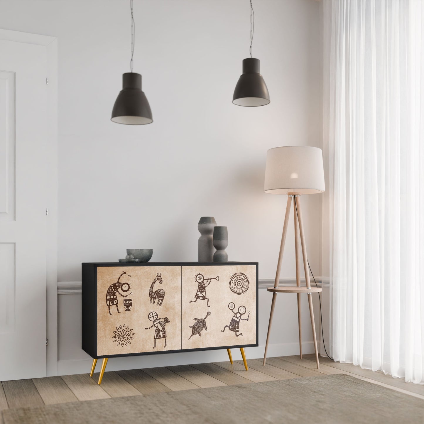 Credenza a 2 ante in stile africano con finitura nera