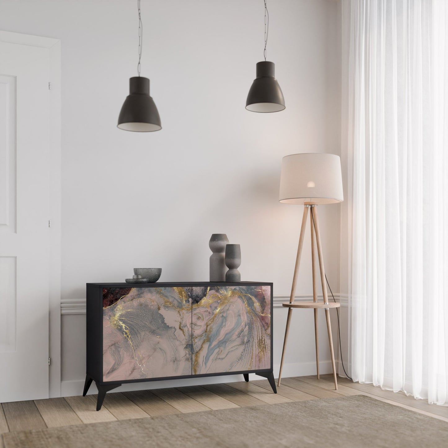 Credenza a 2 ante GILDED SWIRLS in finitura nera