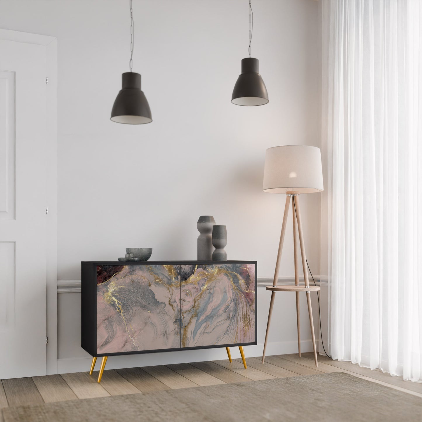Credenza a 2 ante GILDED SWIRLS in finitura nera