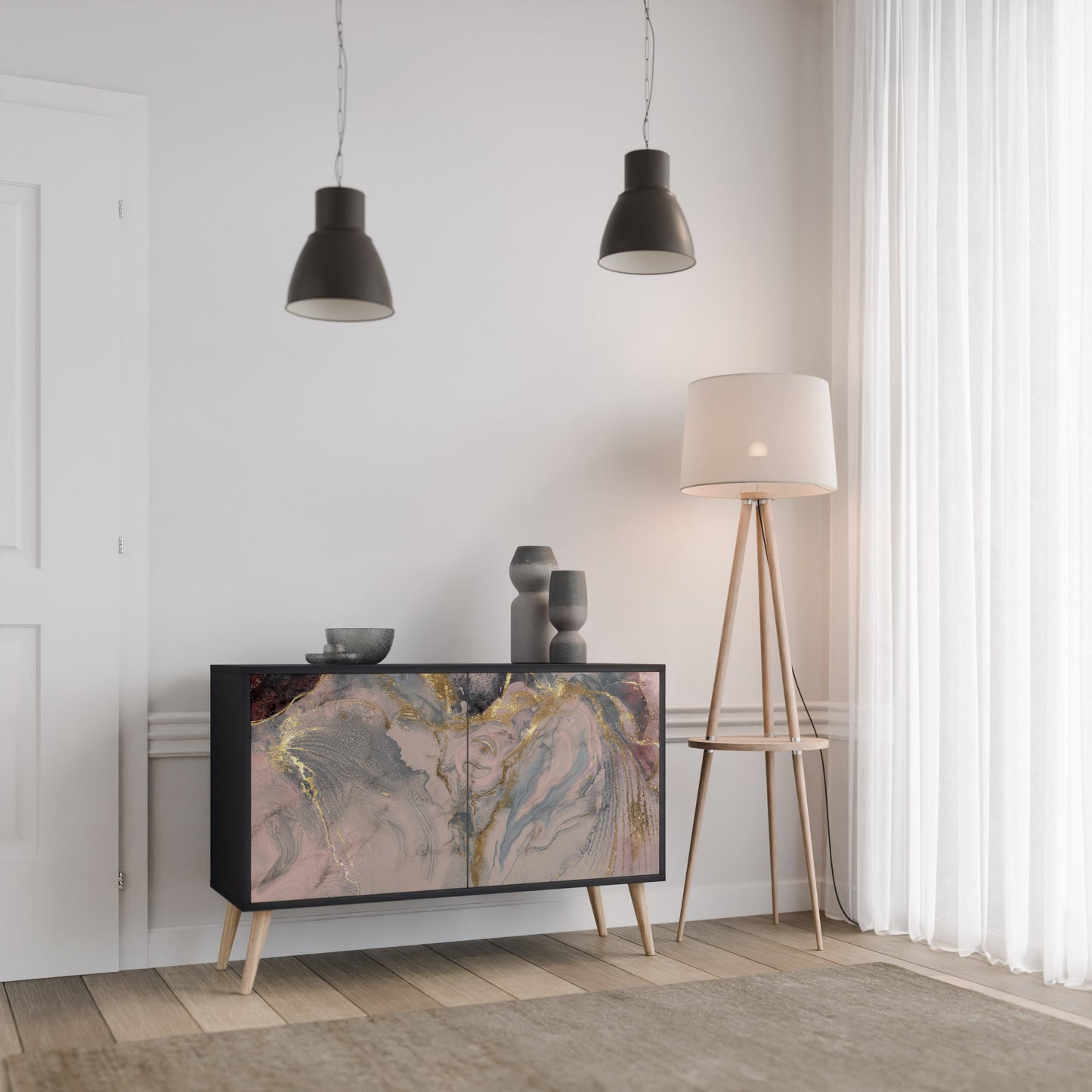 Credenza a 2 ante GILDED SWIRLS in finitura nera