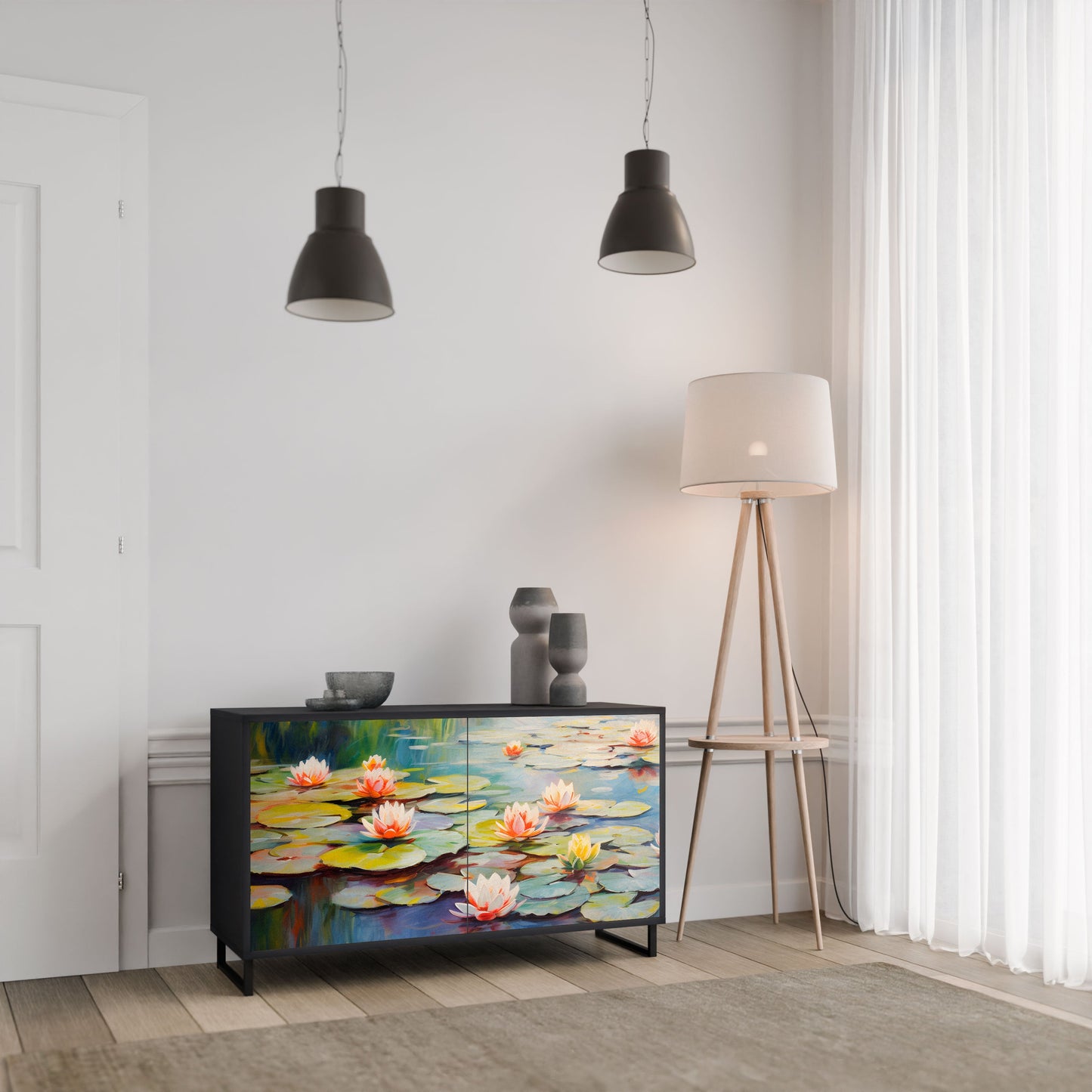 BLOOMING WATERS 2-Door Sideboard in Black Finish