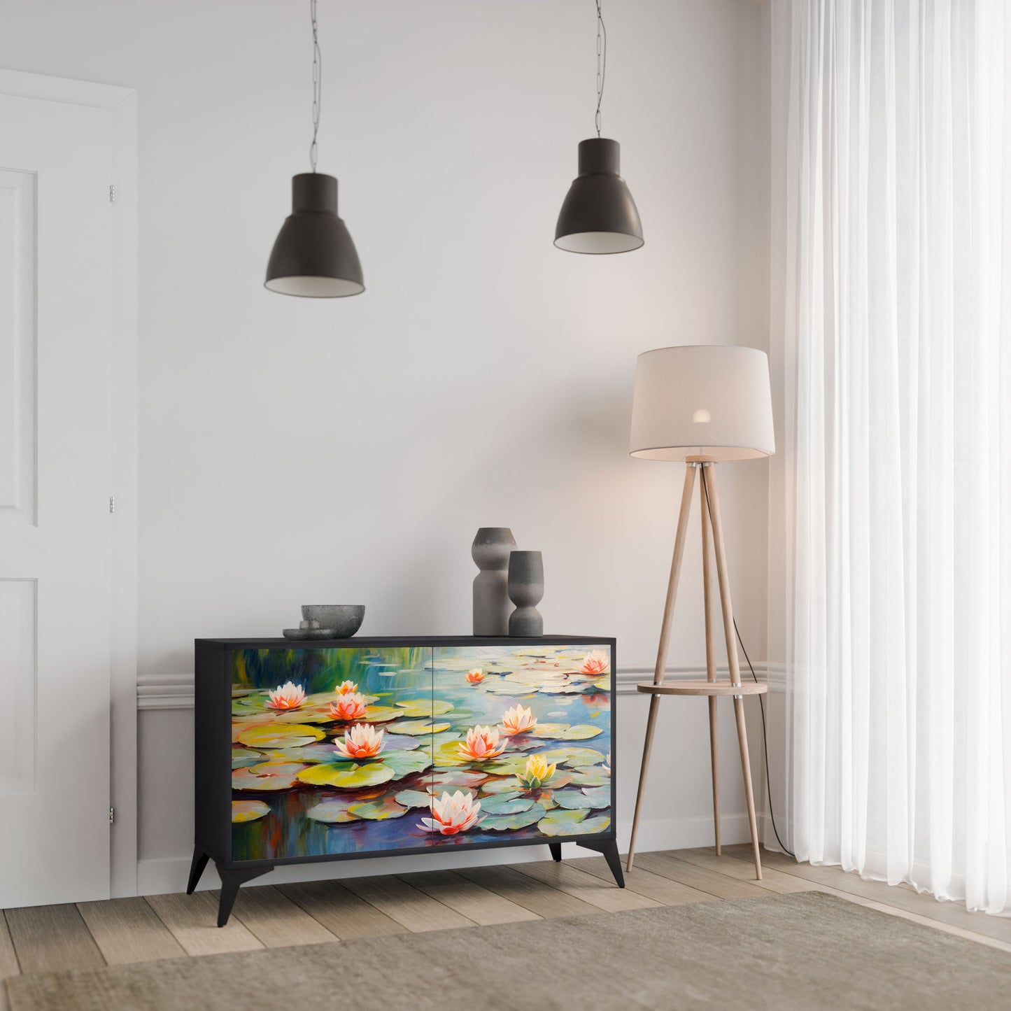 BLOOMING WATERS 2-Door Sideboard in Black Finish