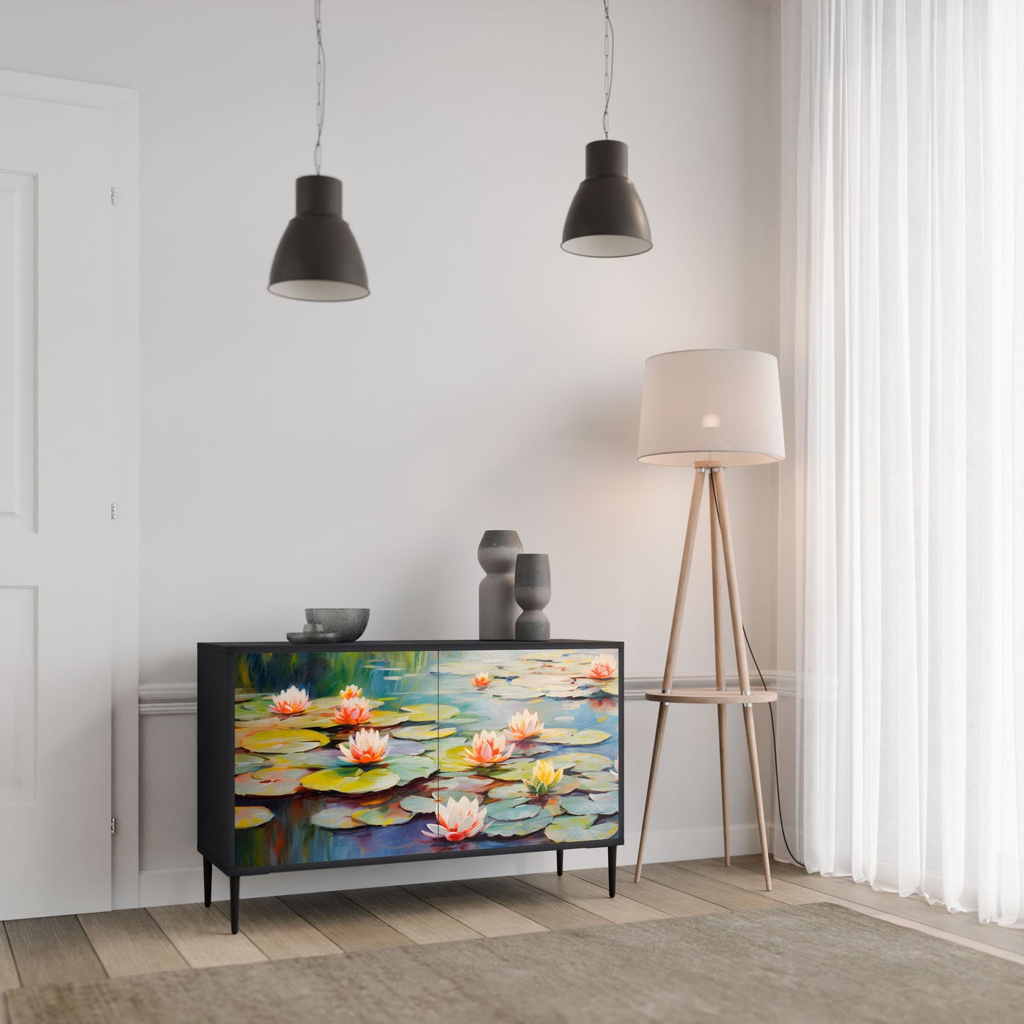 BLOOMING WATERS 2-Door Sideboard in Black Finish