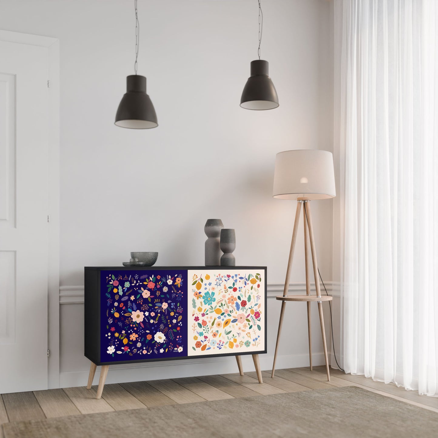 Credenza a 2 ante FLORAL COMBINATION in finitura nera