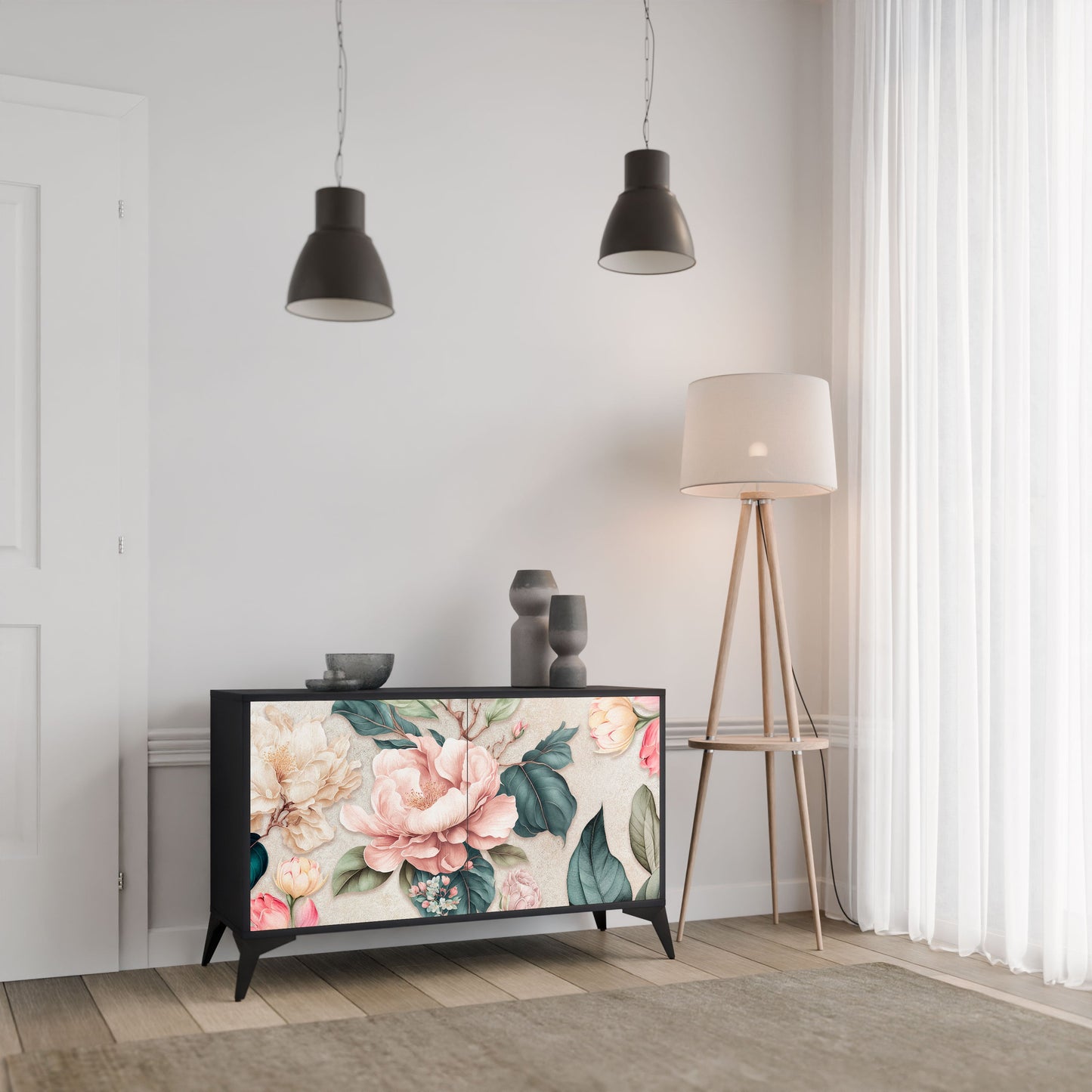 Credenza a 2 ante FLORAL GRACE in finitura nera