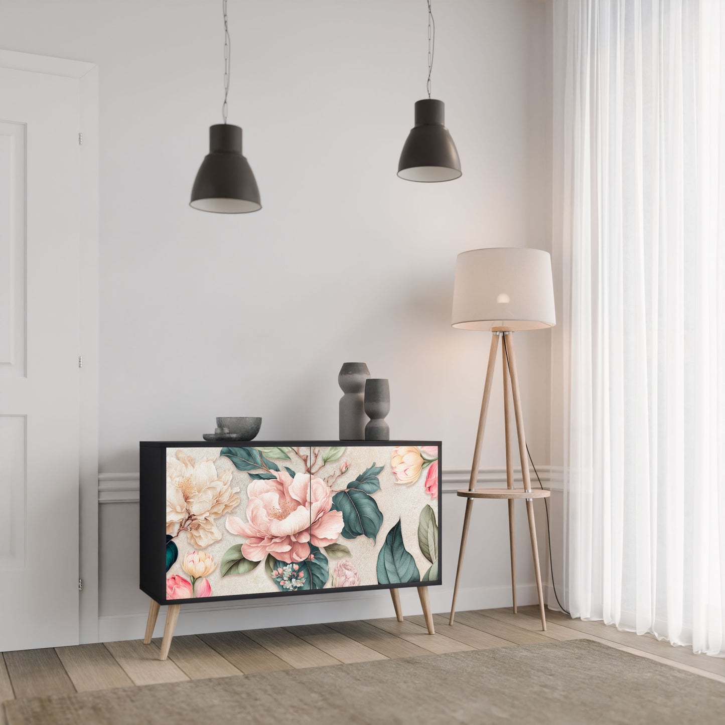 Credenza a 2 ante FLORAL GRACE in finitura nera