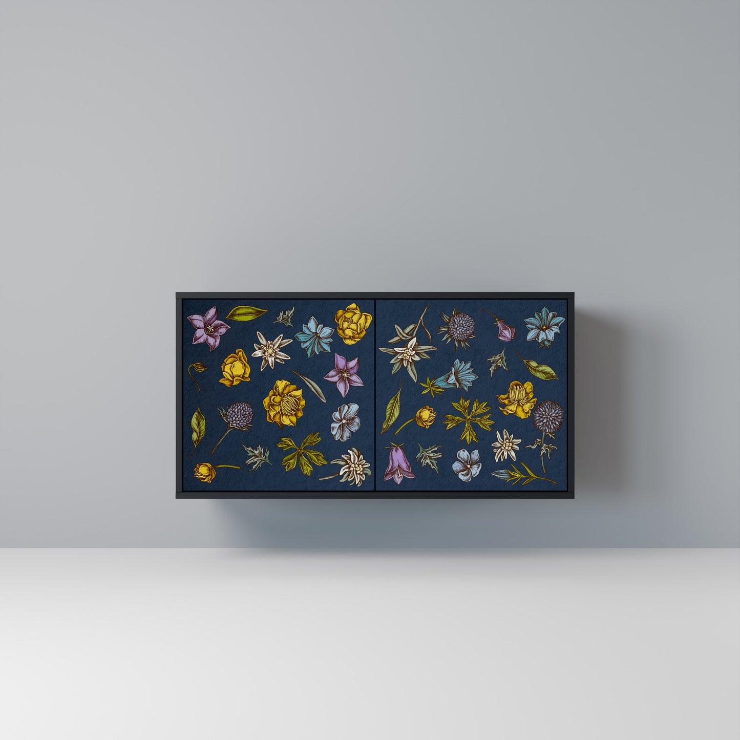 FLOWERS ON NAVY BLUE Madia a 2 Ante in Finitura Nera