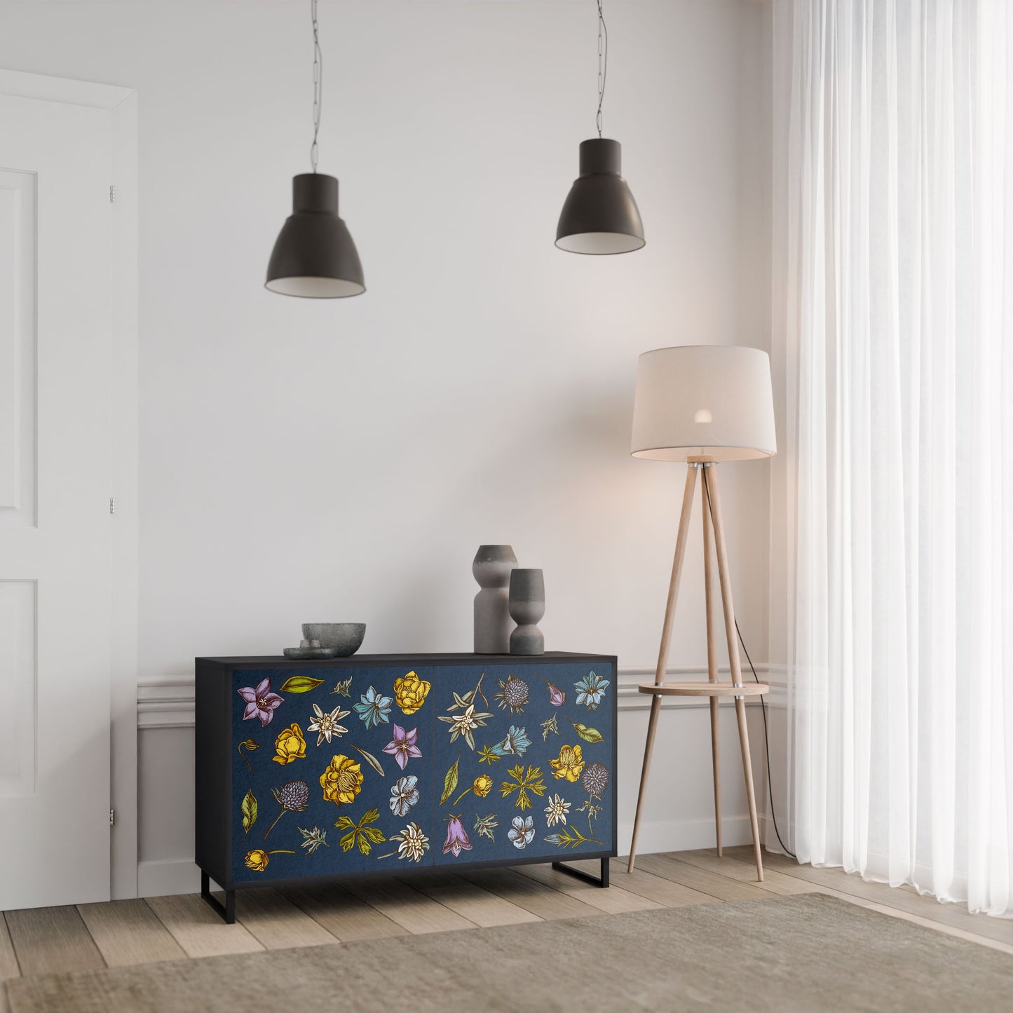 Credenza a 2 ante FLOWERS ON NAVY BLUE in finitura nera