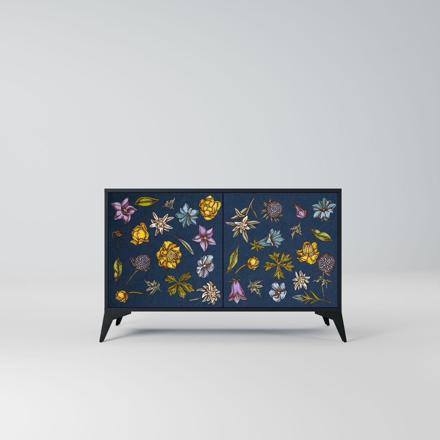 Credenza a 2 ante FLOWERS ON NAVY BLUE in finitura nera