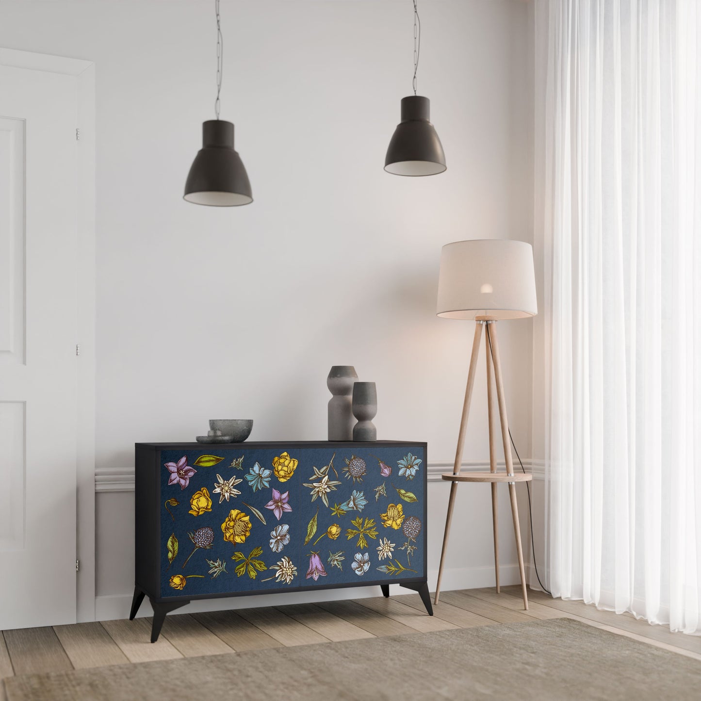 Credenza a 2 ante FLOWERS ON NAVY BLUE in finitura nera