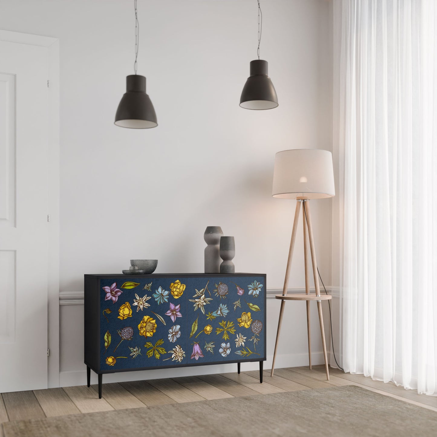 Credenza a 2 ante FLOWERS ON NAVY BLUE in finitura nera
