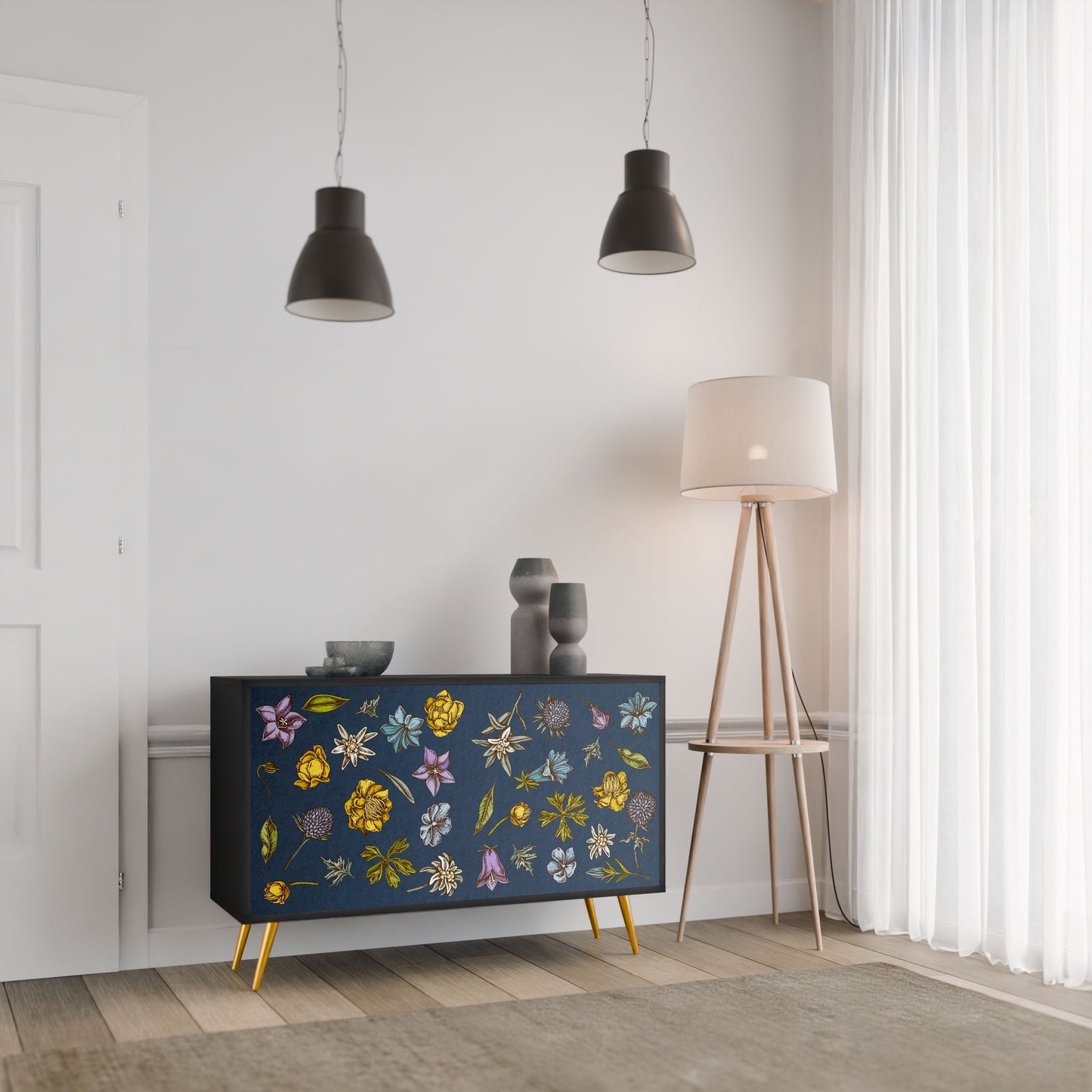 Credenza a 2 ante FLOWERS ON NAVY BLUE in finitura nera