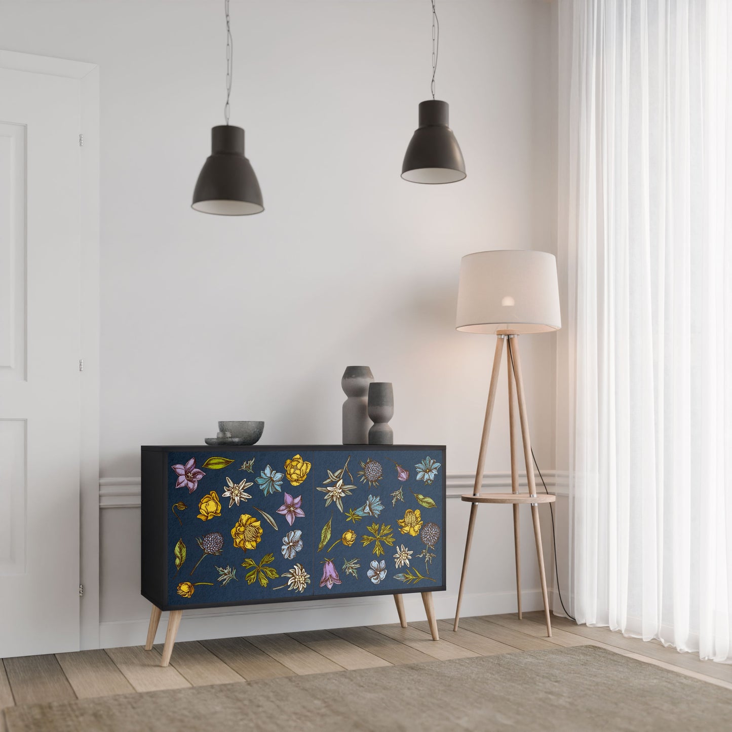 Credenza a 2 ante FLOWERS ON NAVY BLUE in finitura nera