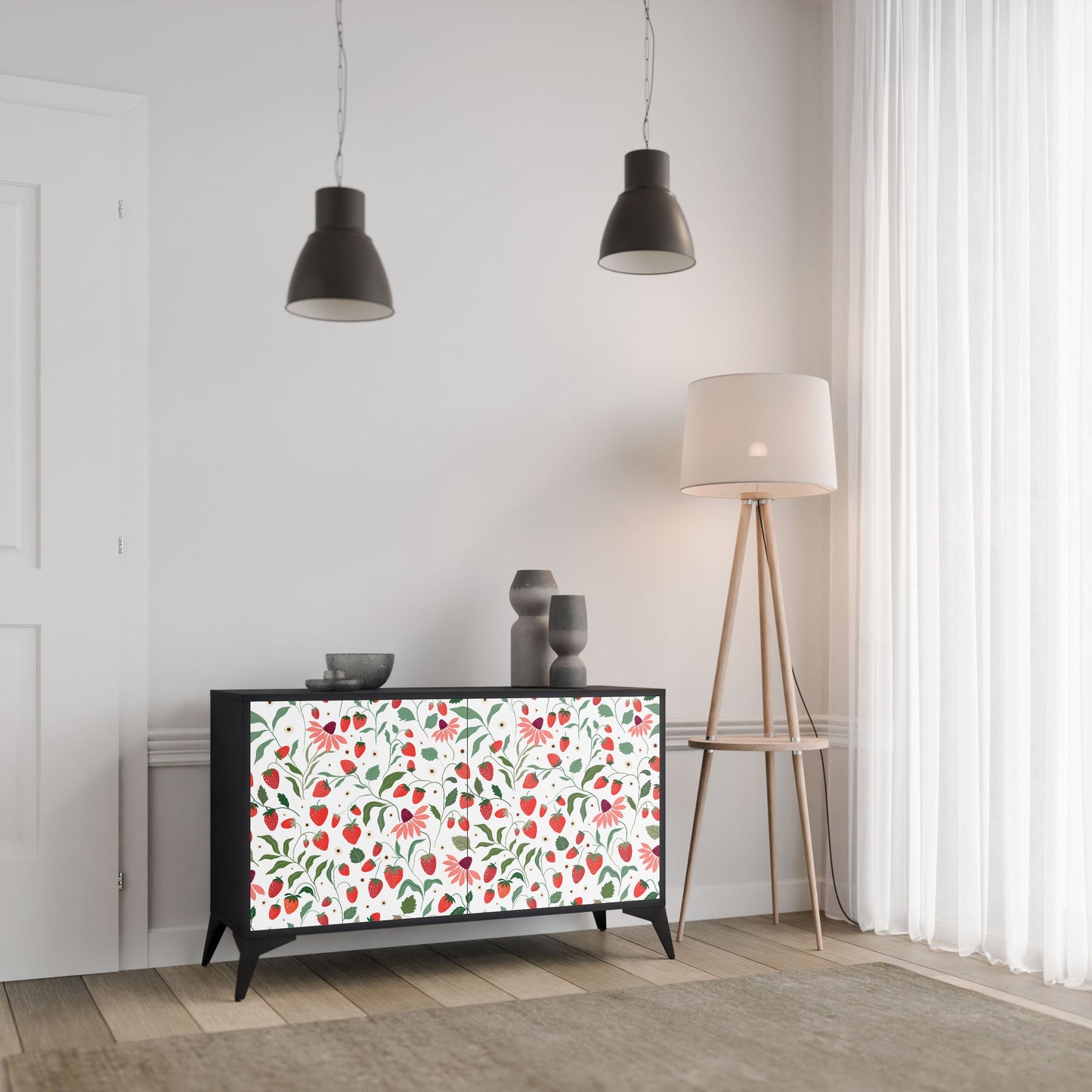Credenza a 2 ante FLOWERS AND STRAWBERRIES in finitura nera