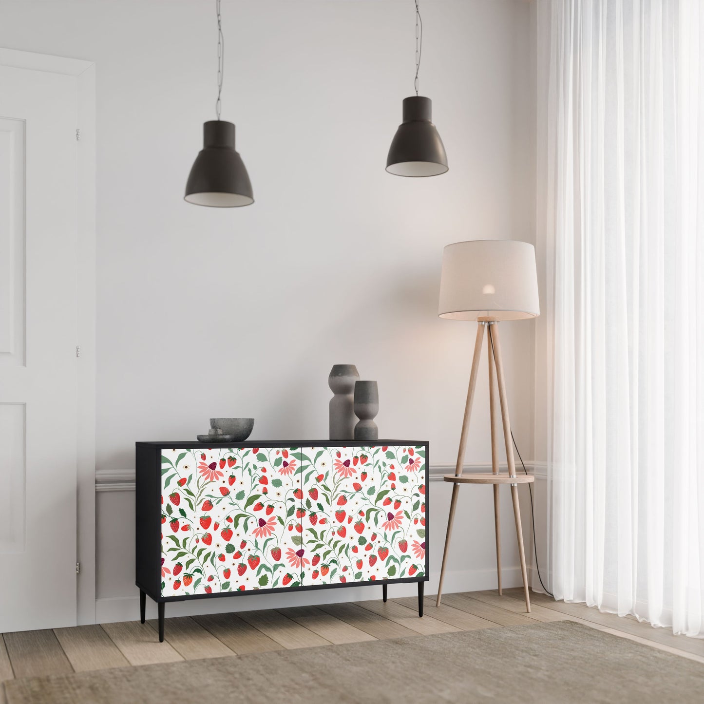 Credenza a 2 ante FLOWERS AND STRAWBERRIES in finitura nera