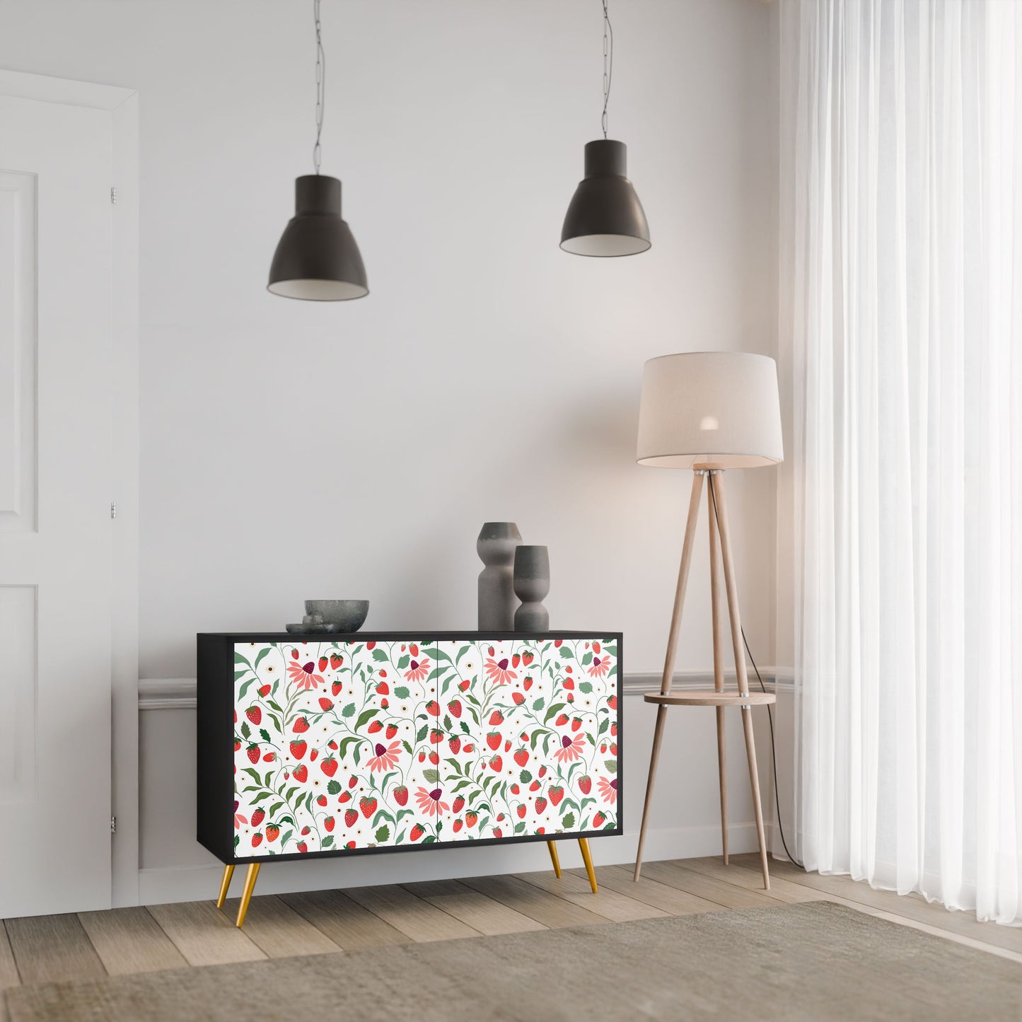 Credenza a 2 ante FLOWERS AND STRAWBERRIES in finitura nera