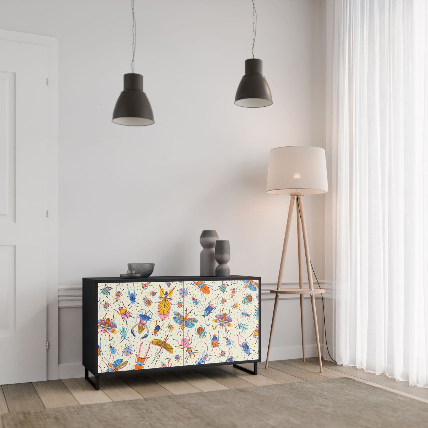 Credenza a 2 ante COLORFUL INSECTS in finitura nera