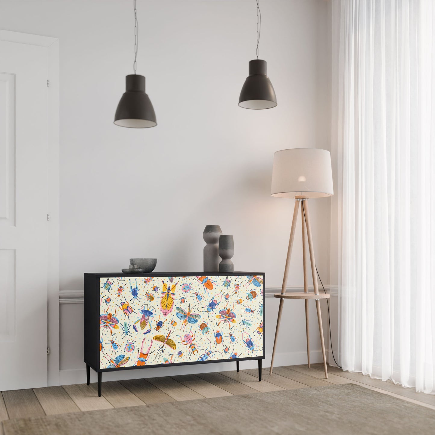 Credenza a 2 ante COLORFUL INSECTS in finitura nera