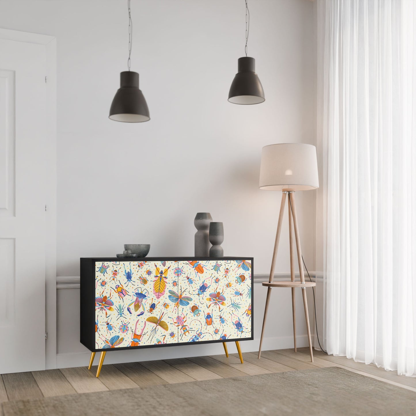 Credenza a 2 ante COLORFUL INSECTS in finitura nera