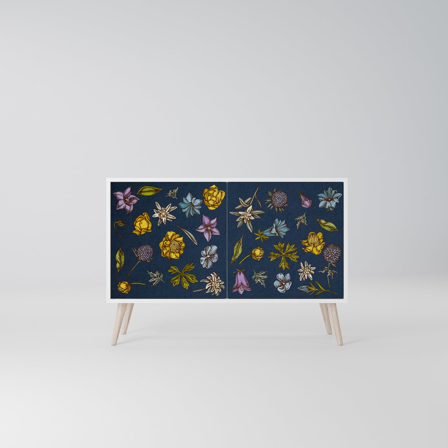 FLOWERS ON NAVY BLUE Madia a 2 Ante in Finitura Bianca