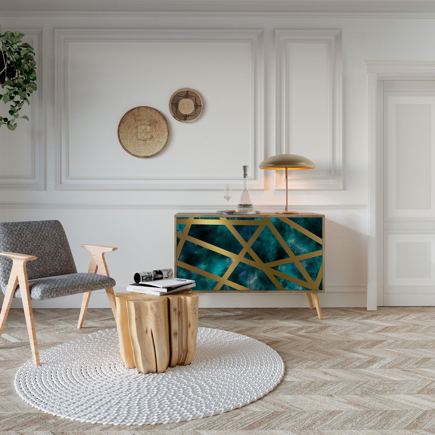 Credenza a 2 ante THE LABYRINTH OF GOLD in effetto rovere