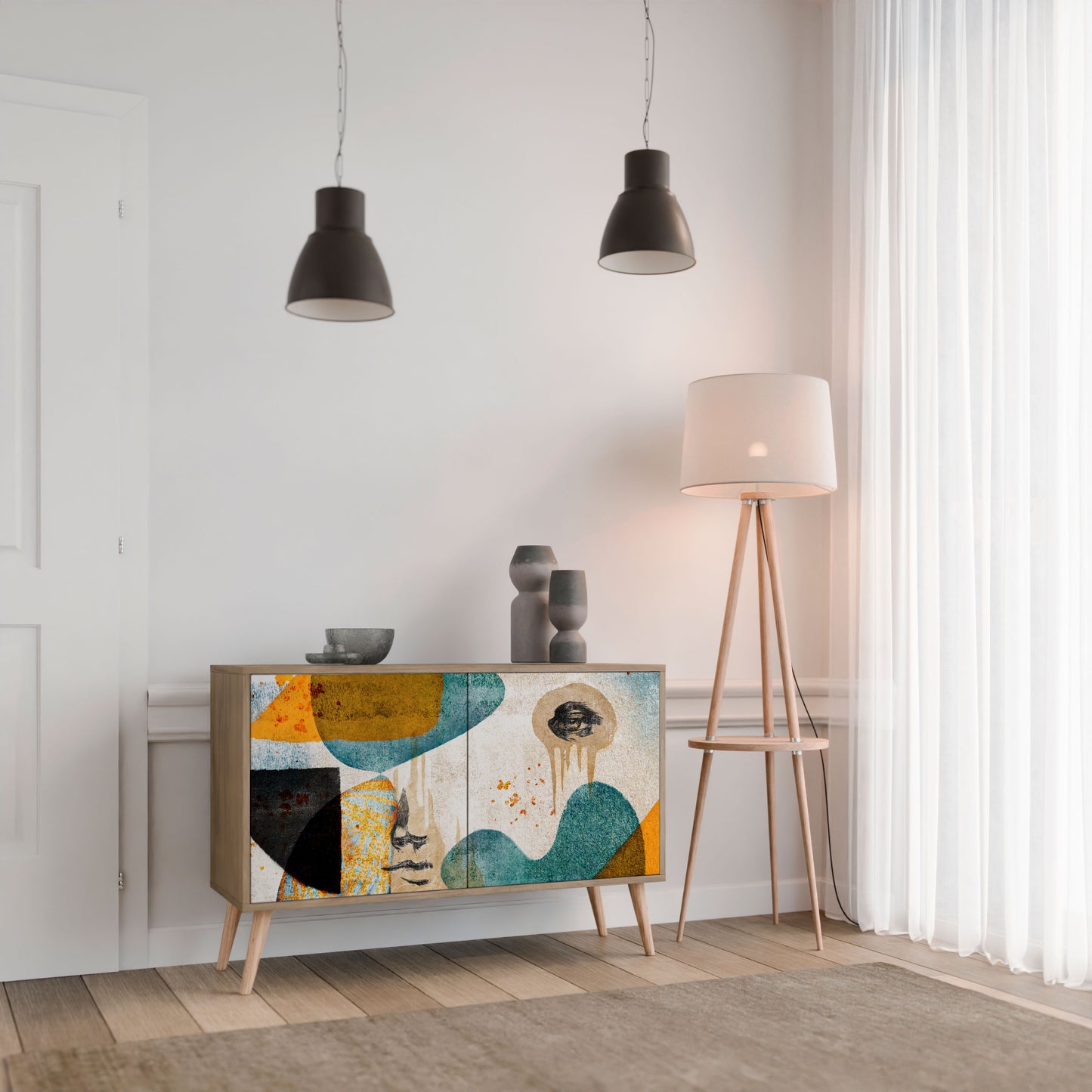 Credenza a 2 ante ABSTRACT FACES in effetto rovere