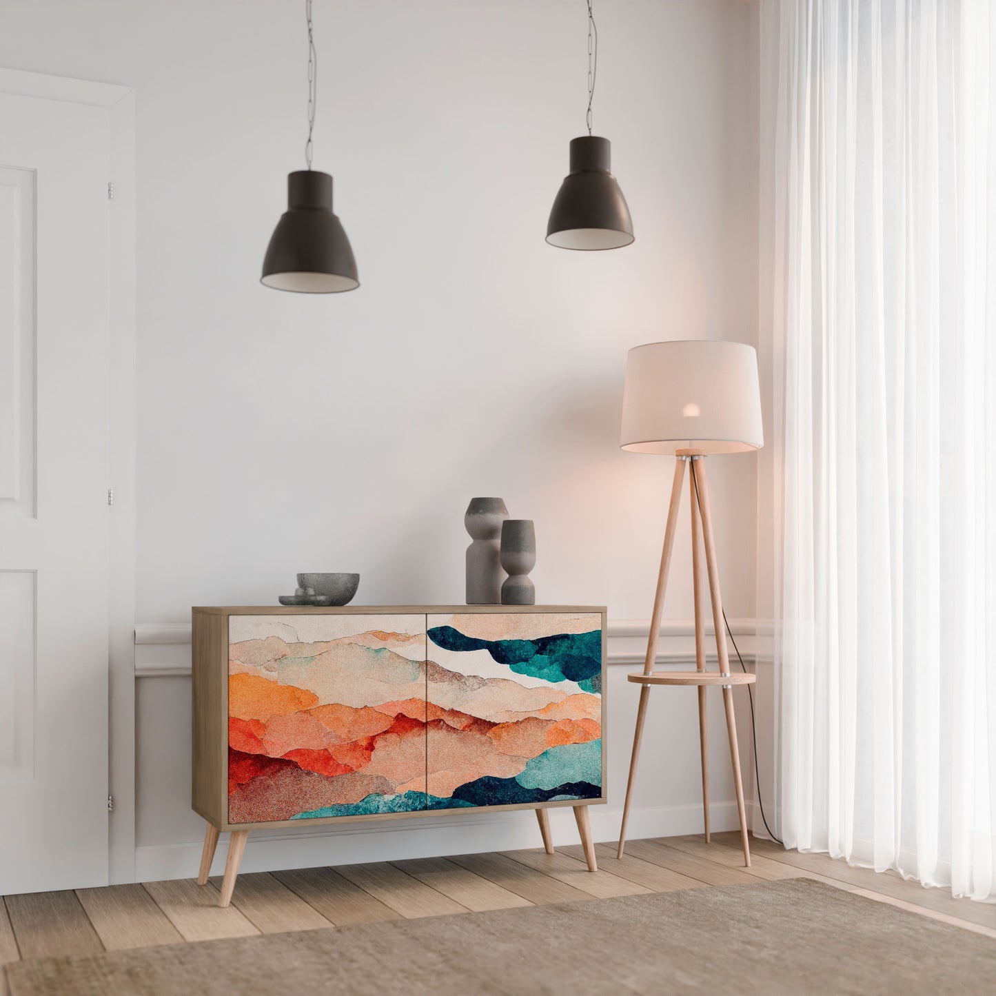Credenza a 2 ante ABSTRACT LANDSCAPE in effetto rovere