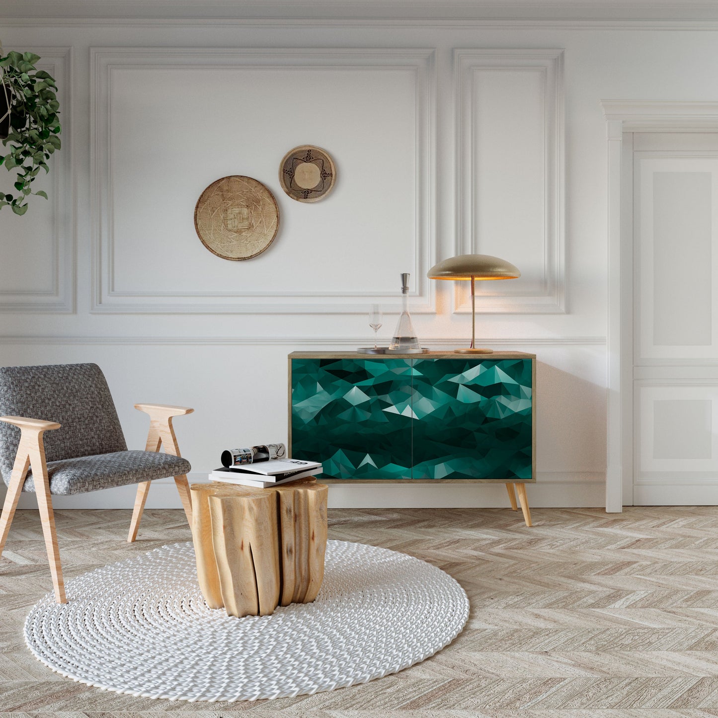 Credenza POLYGONALE FLUTTUANTE a 2 ante in effetto rovere