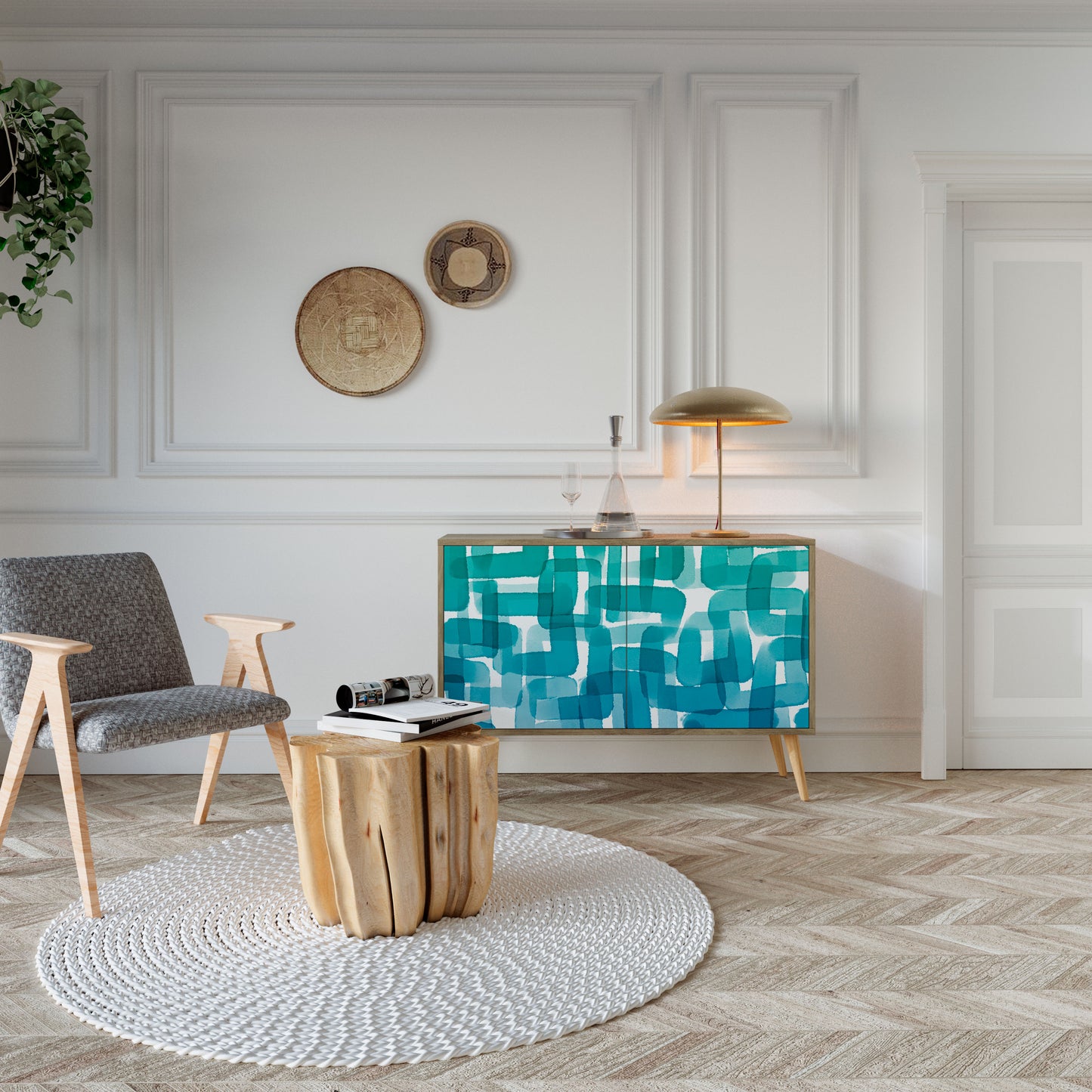Credenza a 2 ante TURQUOISE RECTANGLES in effetto rovere
