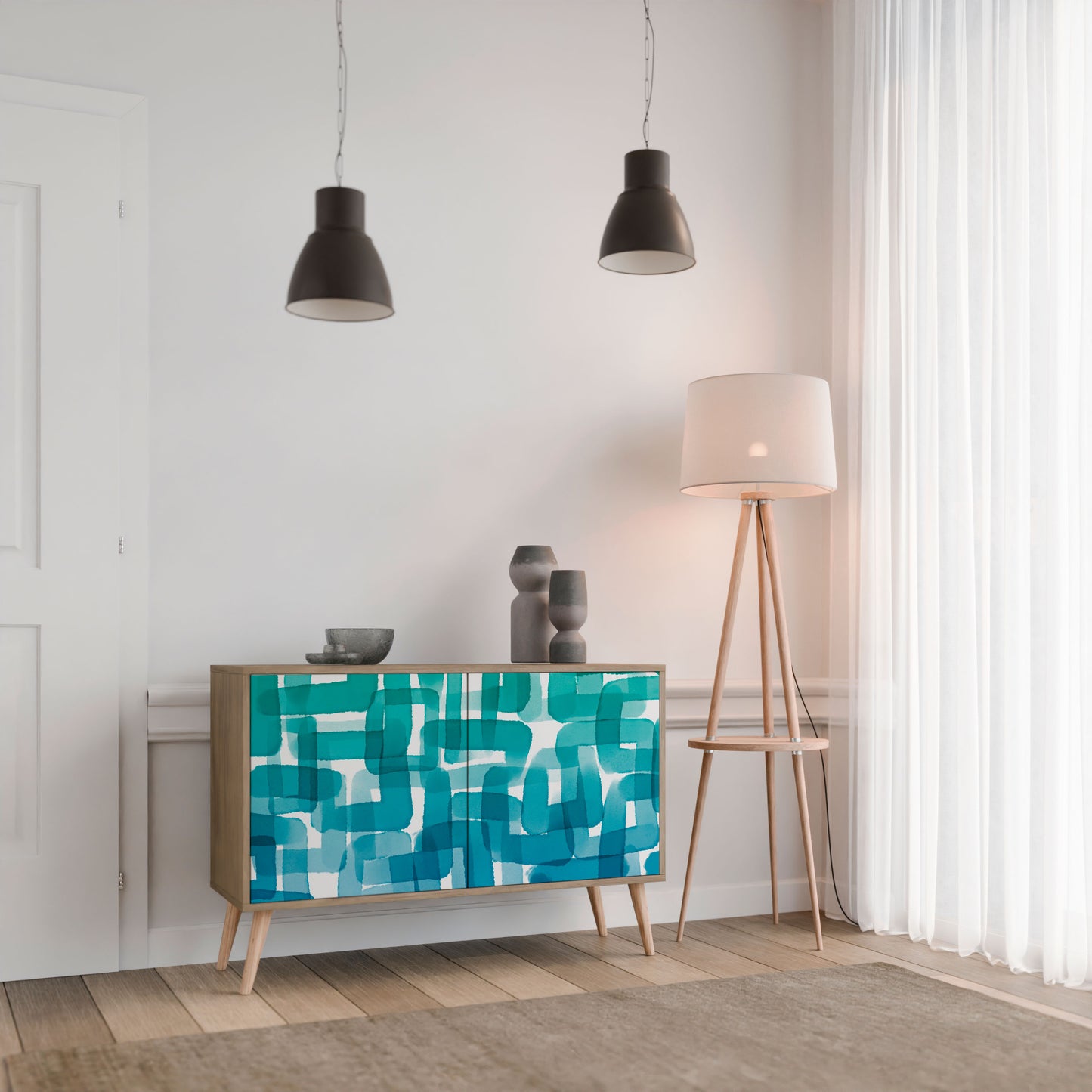 Credenza a 2 ante TURQUOISE RECTANGLES in effetto rovere