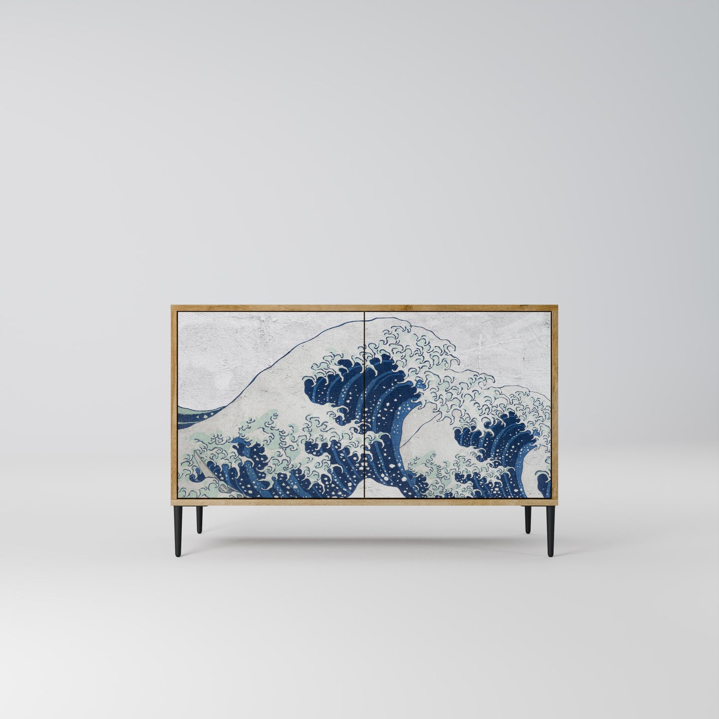 Credenza a 2 ante THE GREAT WAVE AT KANAGAWA in effetto rovere
