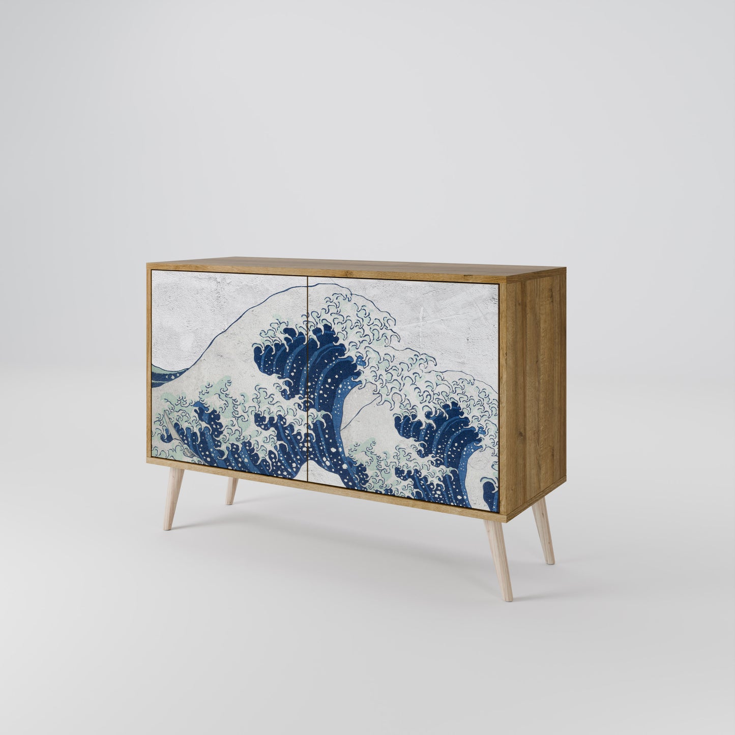 Credenza a 2 ante THE GREAT WAVE AT KANAGAWA in effetto rovere