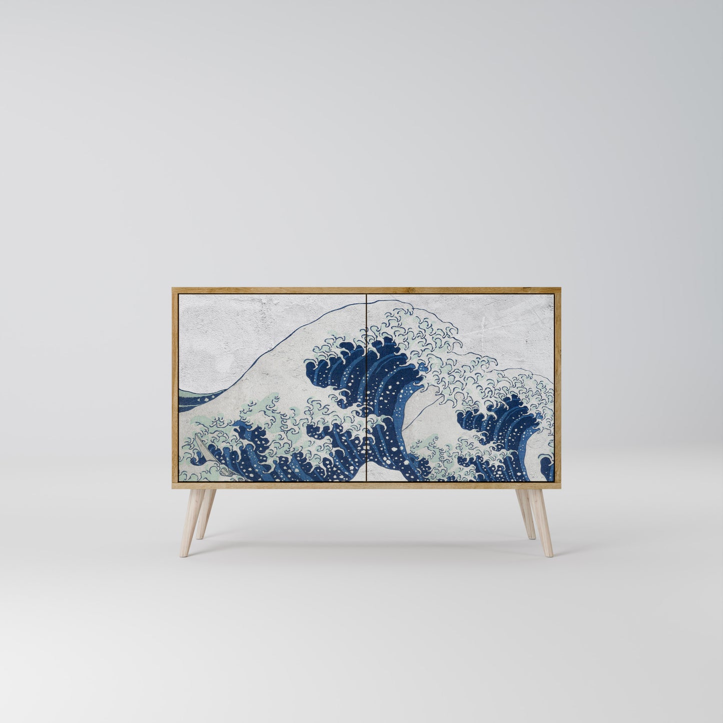 Credenza a 2 ante THE GREAT WAVE AT KANAGAWA in effetto rovere