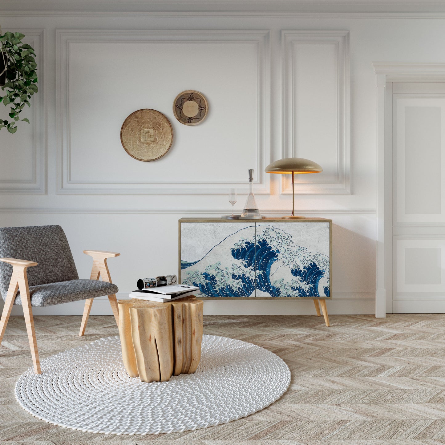 Credenza a 2 ante THE GREAT WAVE AT KANAGAWA in effetto rovere