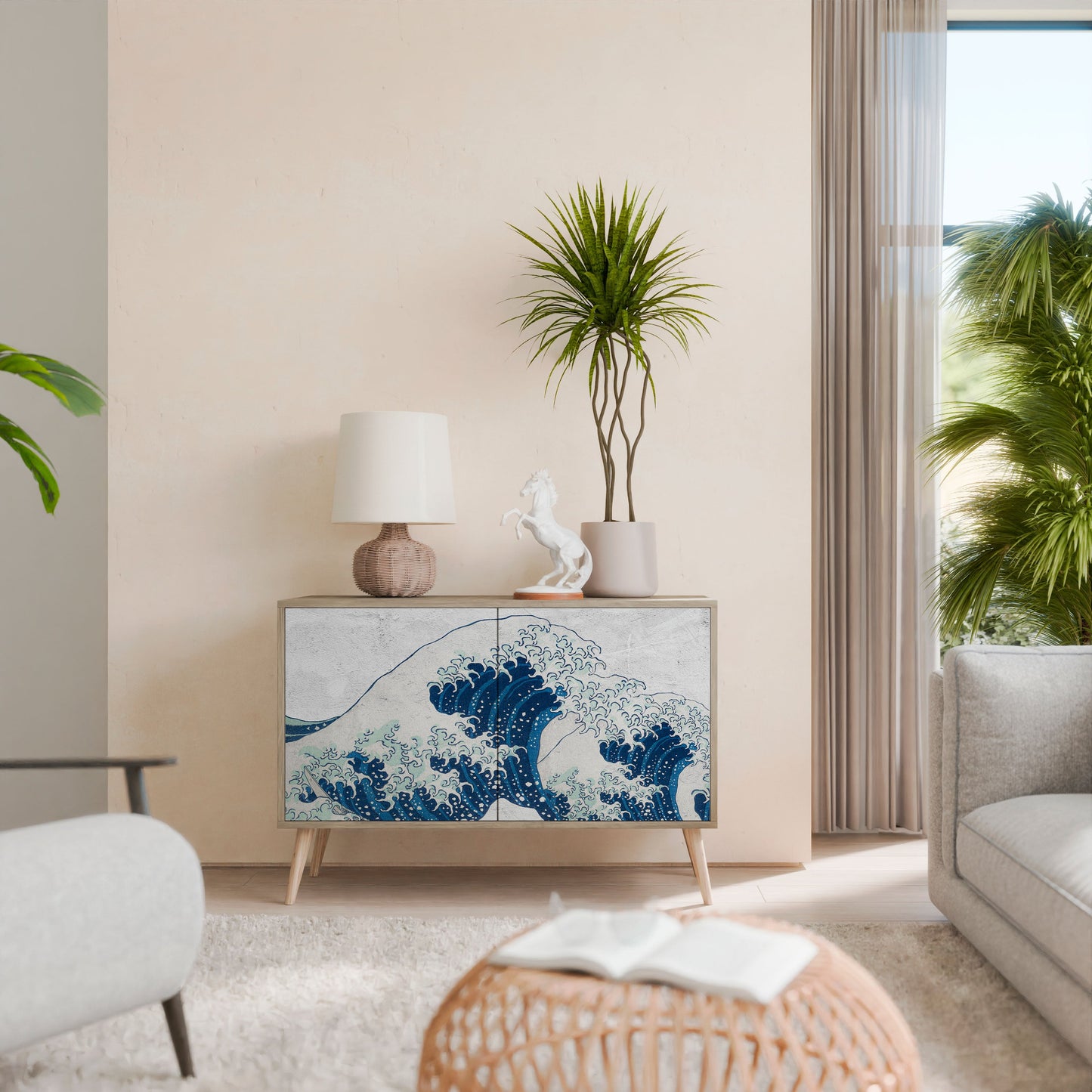 Credenza a 2 ante THE GREAT WAVE AT KANAGAWA in effetto rovere