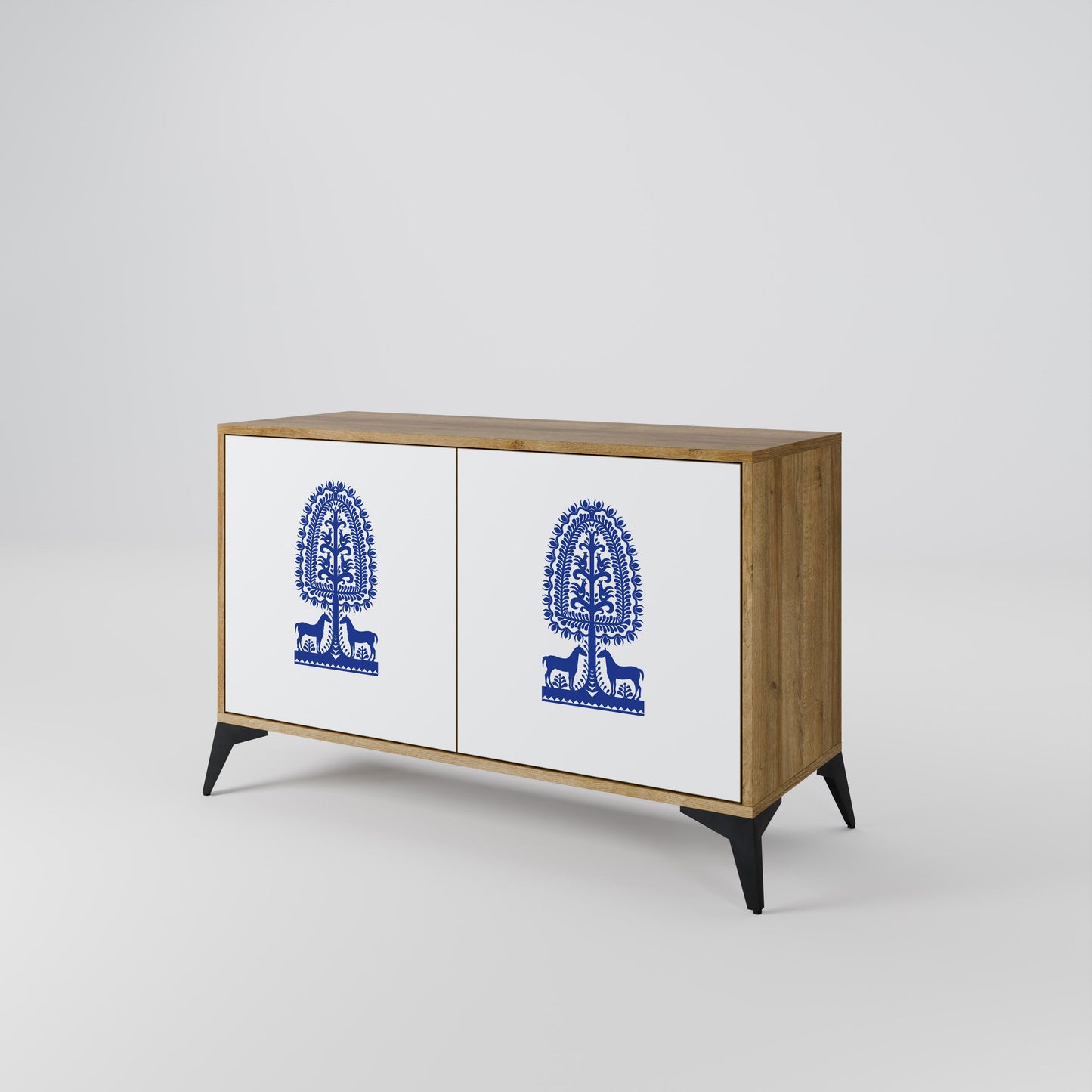 Credenza a 2 ante in stile FOLK ART POLACCO, effetto rovere