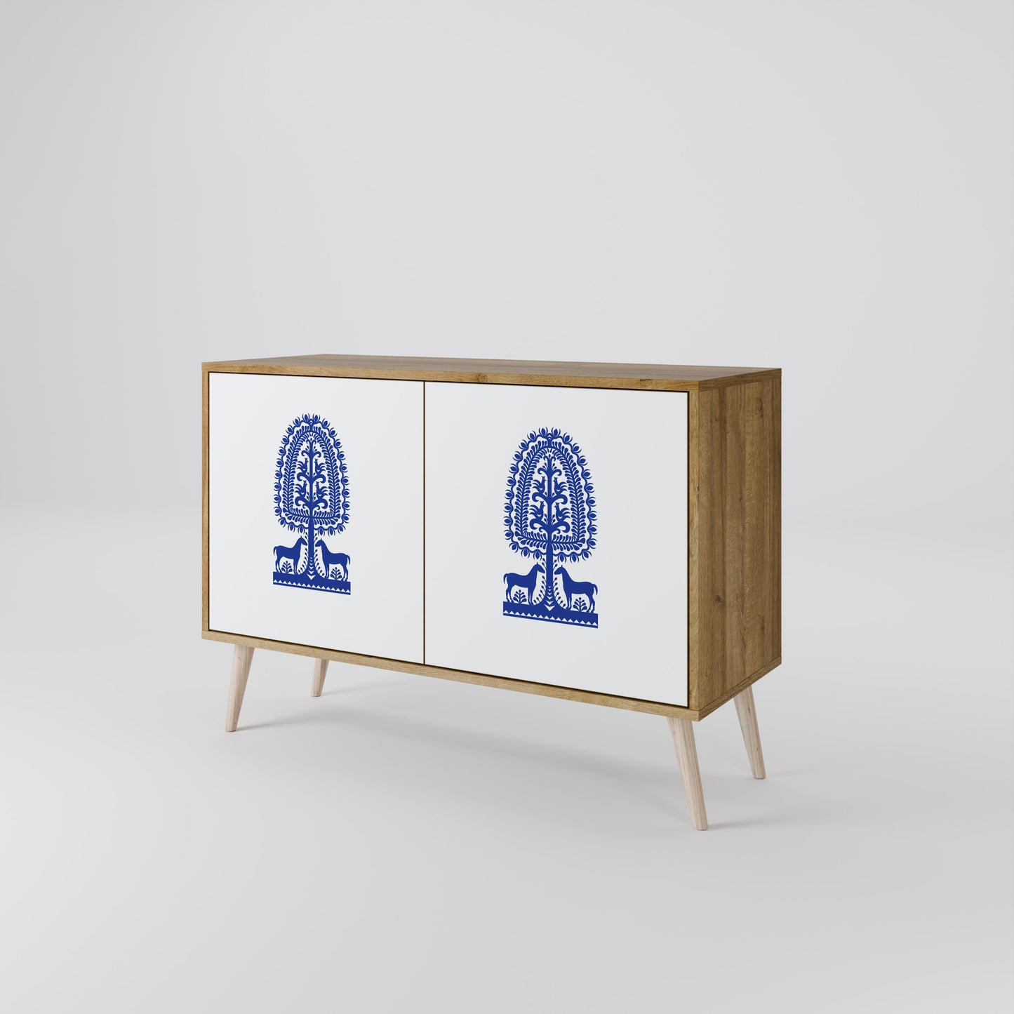 Credenza a 2 ante in stile FOLK ART POLACCO, effetto rovere